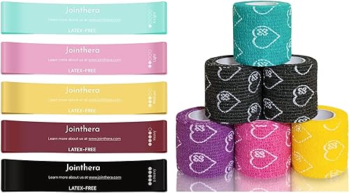 Bandas de resistencia sin látex de alta calidad para entrenar  Juego de 5 + bolsa de transporte y vendaje autoadhesivo sin látex  2 pulgadas x 5