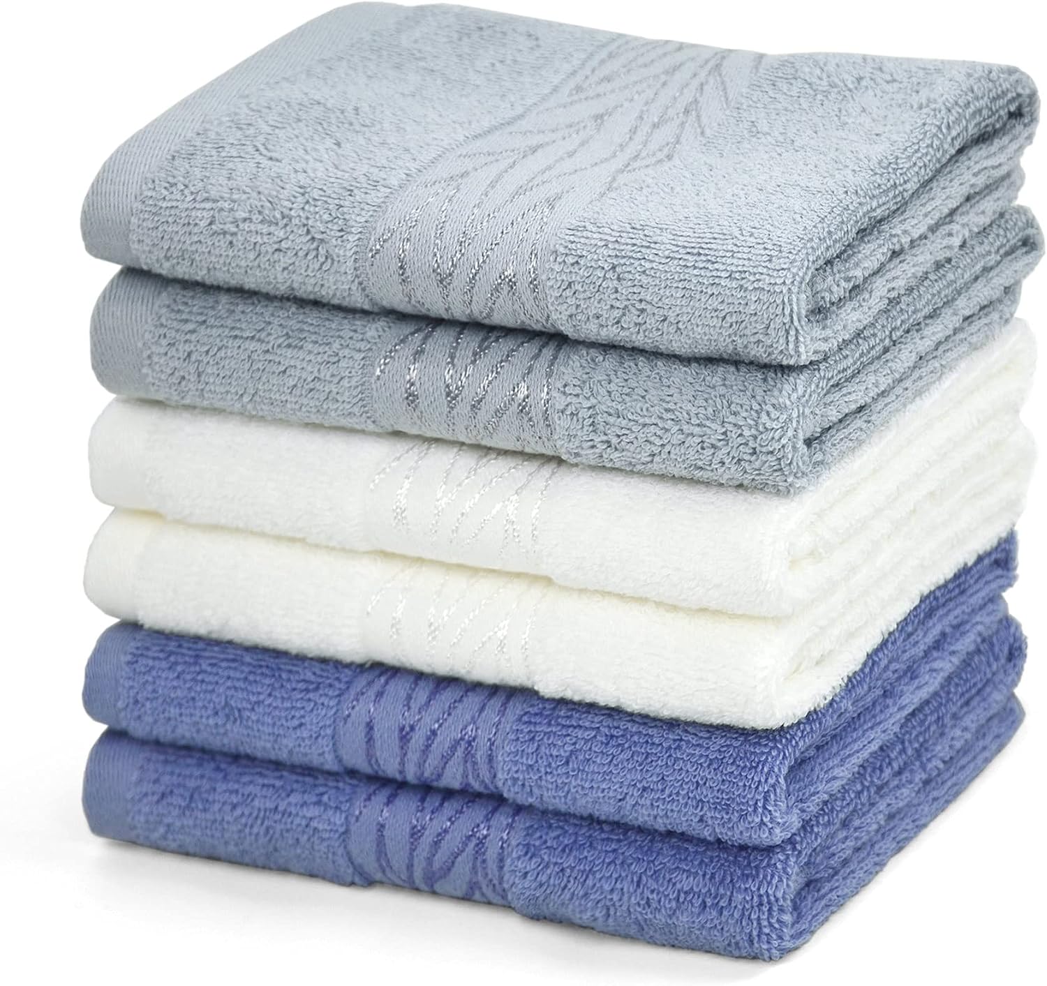 Cleanbear Washcloths Face Towels for Bathrooms Large Soft Wash Cloths with Decorative Patterns, Shower Rugs 13 by 13 Inches, 3 Colors 6-Pack