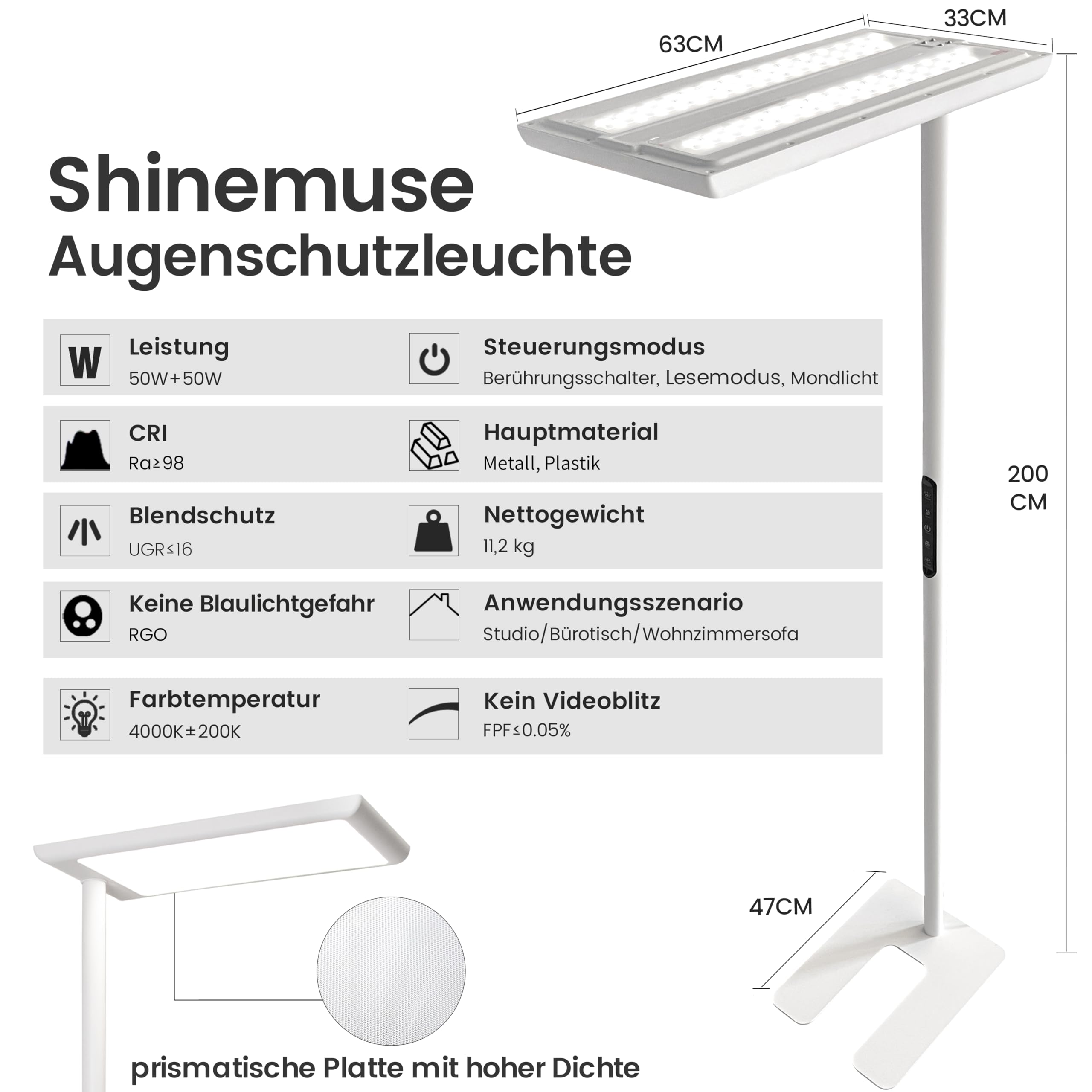 Büro Stehlampe – UGR<16, CRI>98, 7000lm, 4000K, Vollspektrum | 7000lm Tageslicht | UGR<16 blendfrei + CRI>98 | Vollspektrum 4000K | 60W+50W dimmbar | Büro, Kinderzimmer, Lesen | 198cm
