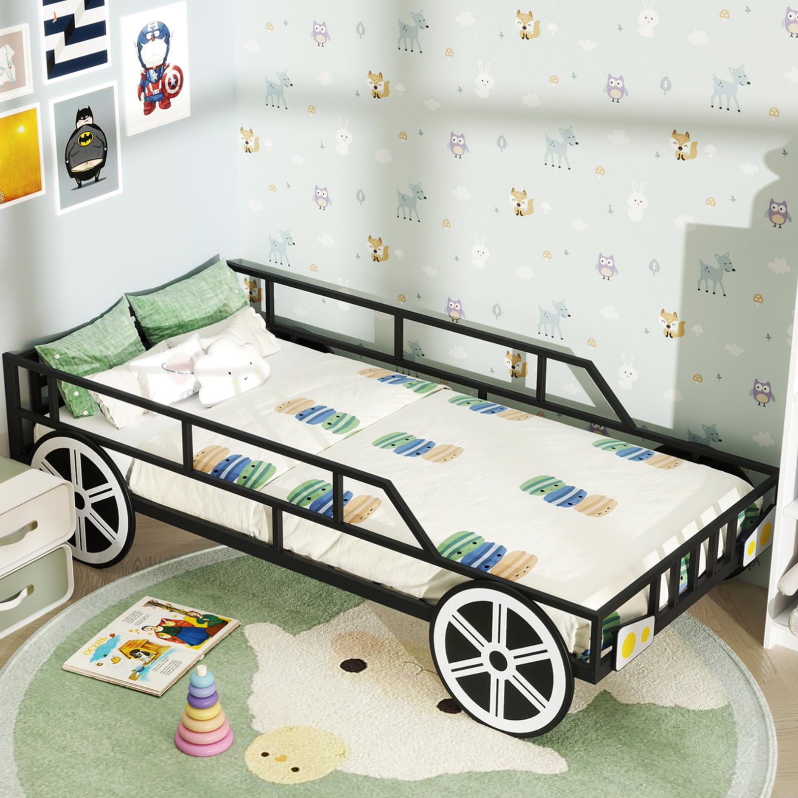 GYMAX Kids Bed Frame, Metal Children Platform Bed with Guardrails, Wheels & Headlights Decorations, Heavy Duty Car-Shaped Toddler Bedframe for Boys Girls, No Box Spring Needed, Black