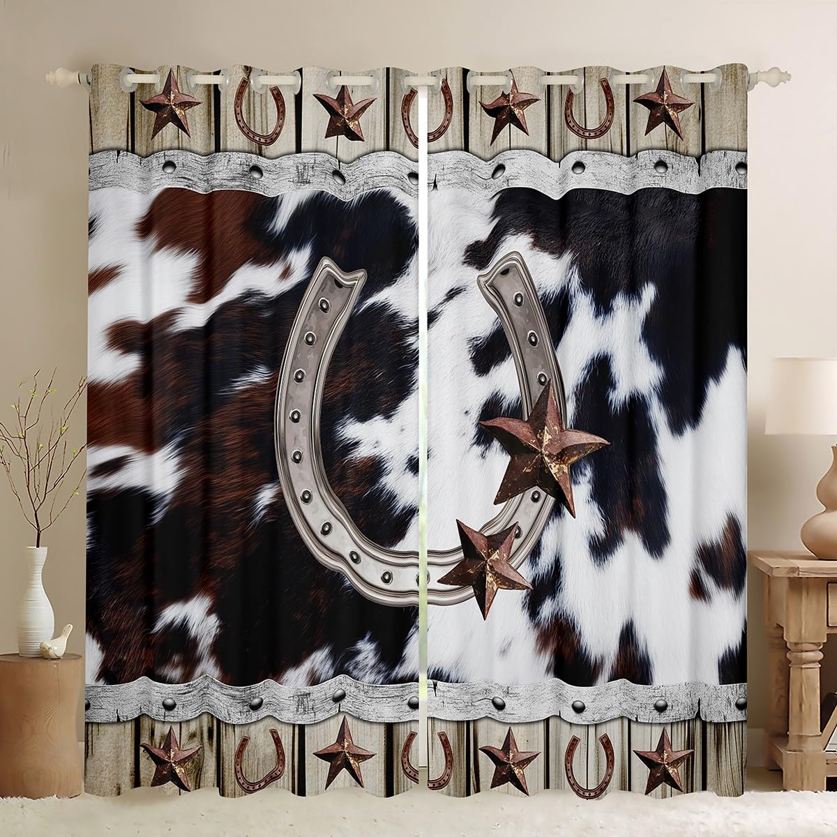 Erosebridal Texas Star Horseshoe 42" W x 63" L, Western Country Cowhide Curtains & Drapes for Bedroom, Rustic Farmhouse Highland Cow Window Curtains,