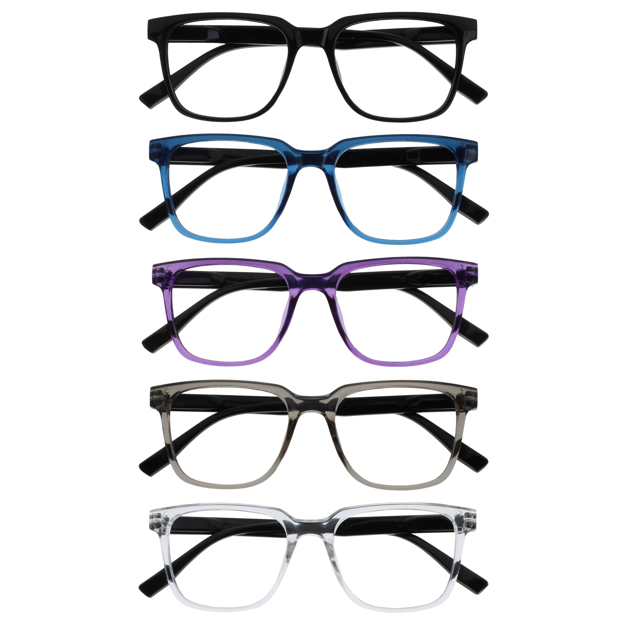 OPULIZE LEO Reading Glasses, 5 -Pack, Large Rectangular Frame, Black, Blue, Purple, Grey, Clear, Mens Womens, Spring Hinges