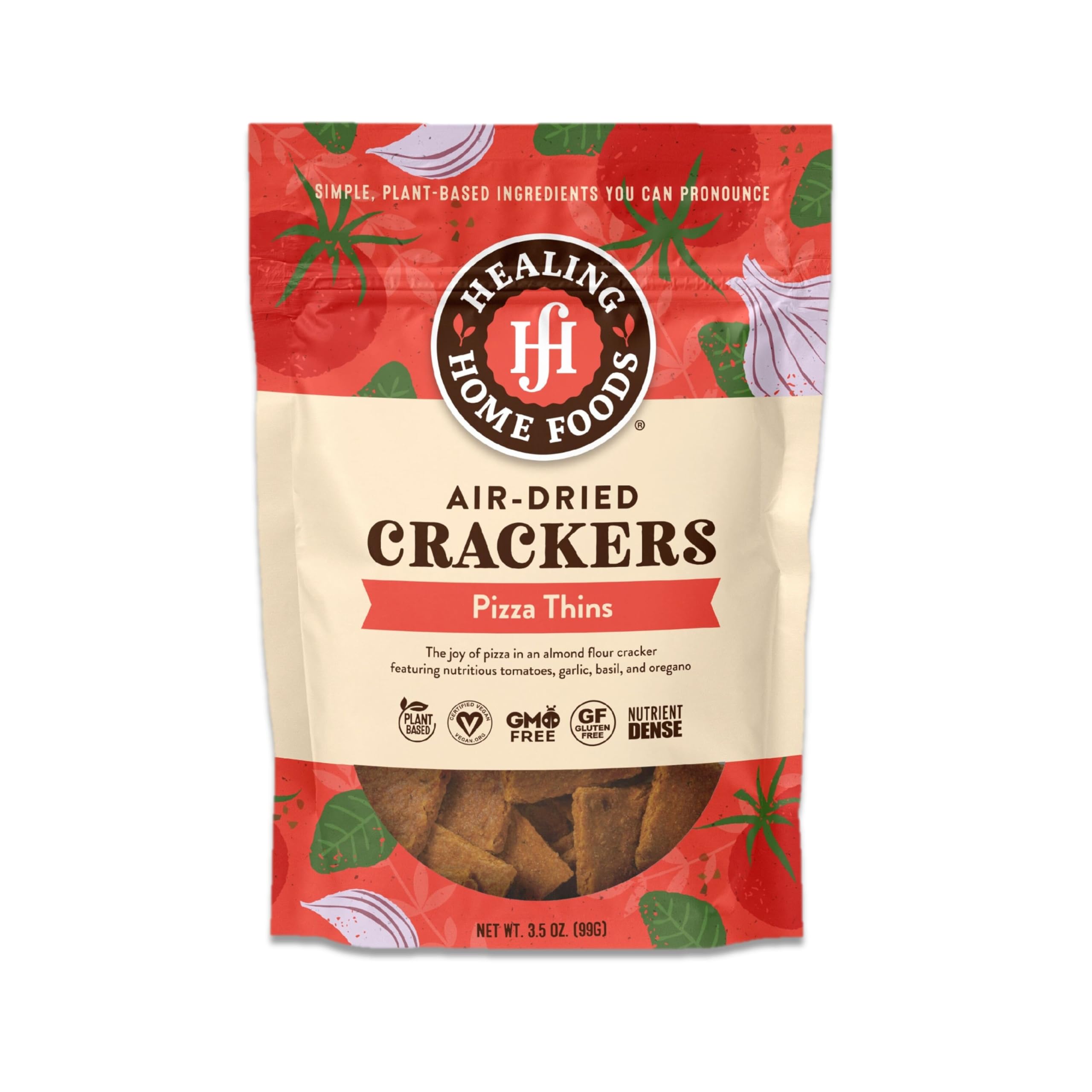 Healing Home Foods Pizza Thins Raw Crackers, Gluten Free Crackers Made with Almond Flour, Organic Tomato, Basil & Oregano, Non-GMO, Vegan, Plant based Flavored Pizza Bites, 3.5oz (1Pack)
