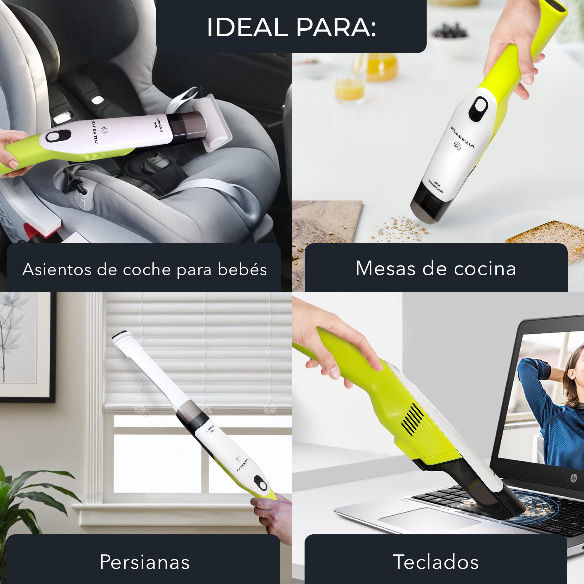 EFFEKTIV - Aspiradora de Mano 150X | Aspiradora Sin Cable Portátil con USB para Coche y Hogar | Motor Japonés sin Escobillas UltraPotente | Filtro HEPA | 35 Min Autonomía | 2600Mah | 15000Pa Succión