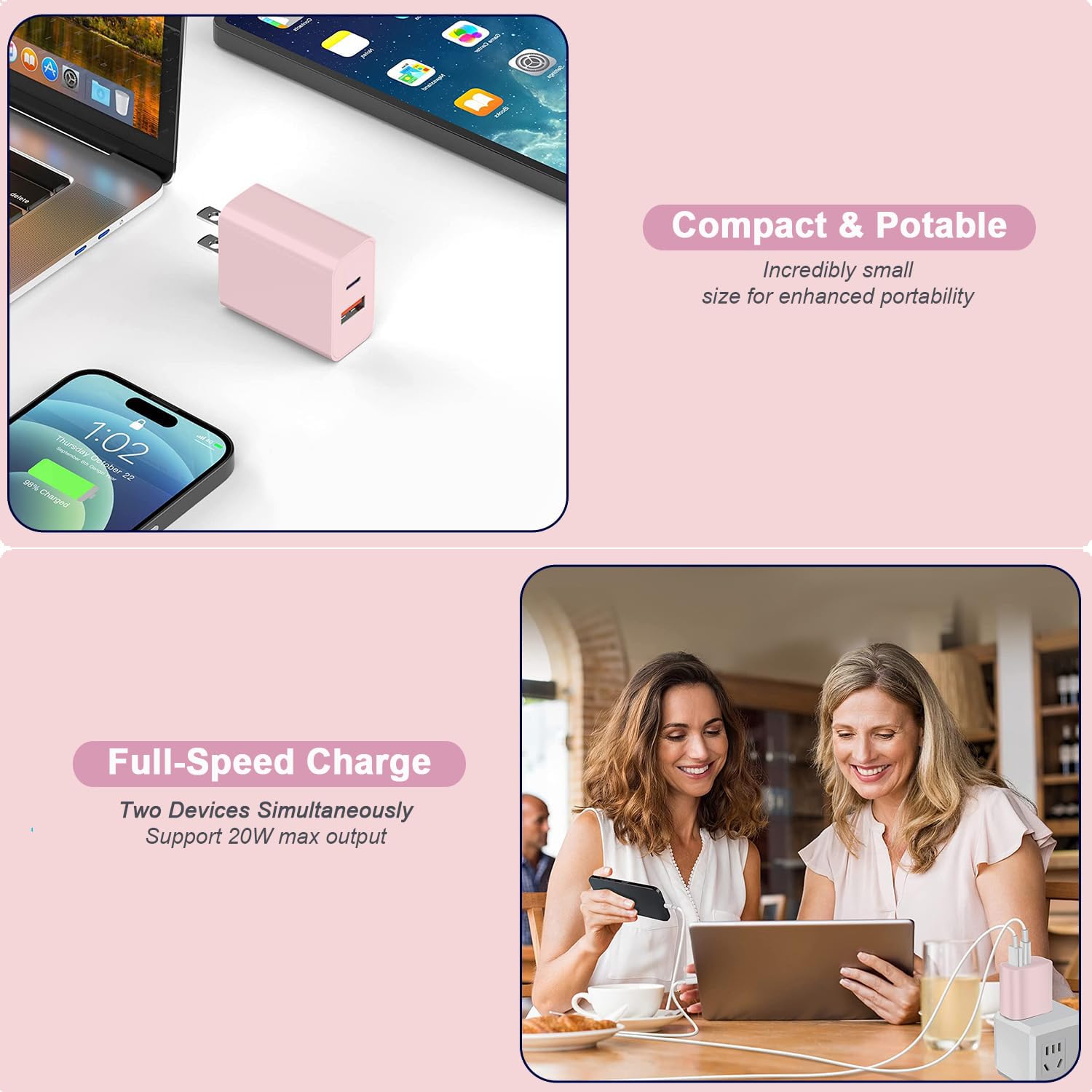 USB C Charger Block, iPhone 16/15 Charger Block [3 Pack] 20W Dual Port QC+PD 3.0 Power Adapter Multiport USB A Fast Charging Plug for Apple iPhone 16/16 Pro/16 Pro Max/16 Plus/15/14/13/12/11/iPad-Pink - Image 6