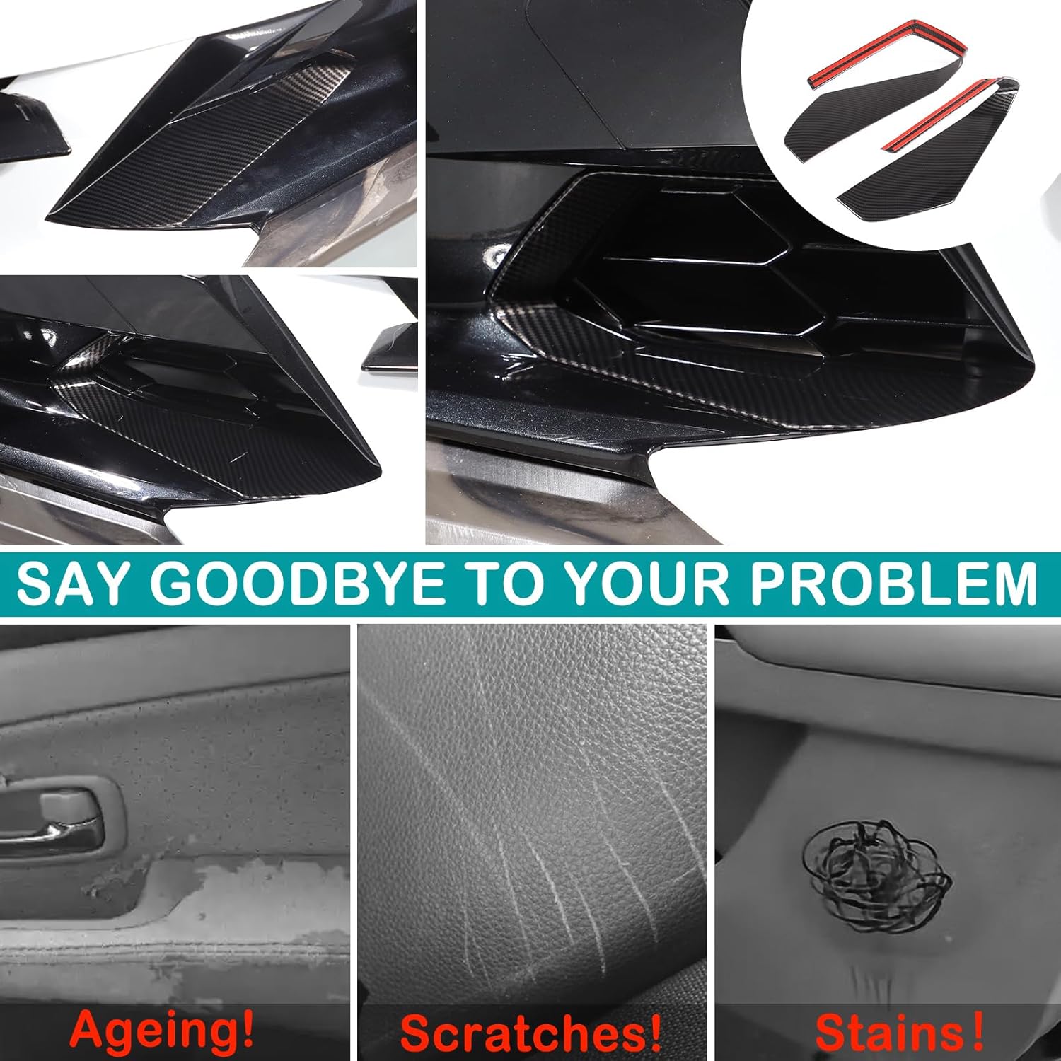 Car Front bumper middle air intake grille decorative frame Compatible with Corvette C8 2020-2023 Front radiator protection accessories sticker (ABS，Carbon Fiber Pattern)