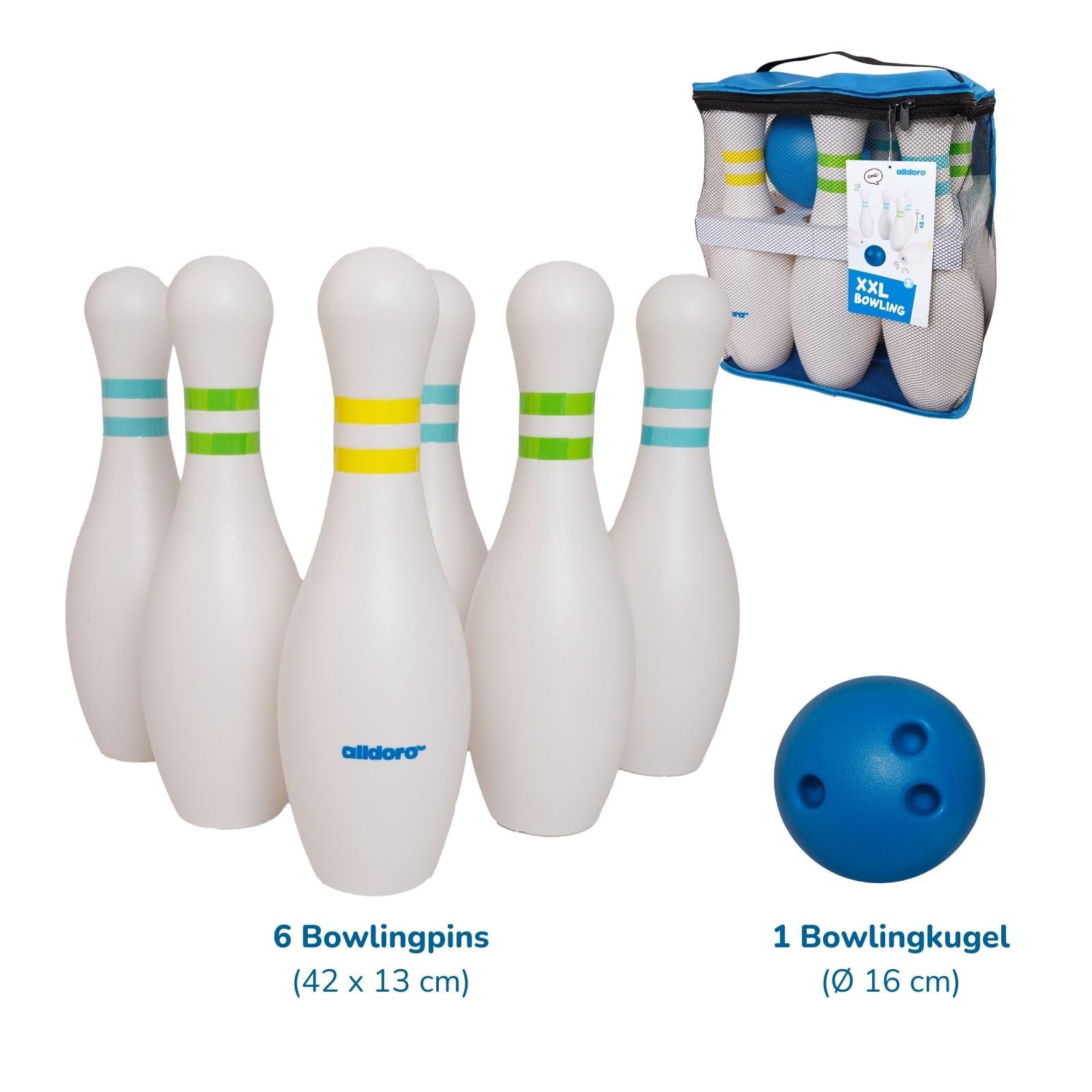 alldoro 60131 XXL Bowling Set - 6 Bolos Blancos rellenables, 42 cm de Altura y 1 Bola de Bolos - Juego de Bolos con Bolsa, niños a Partir de 3 años