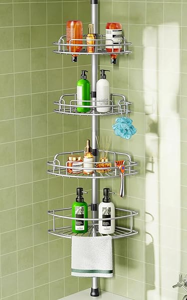 HAMITOR Corner Shower Caddy Tension Pole: 4-Tier Rust-Resistant Adjustable Bathroom Organizer Shelves - 47-121 Inch No-Drill Quick Installation - Space-Saving Storage for Renters Family - Silver Gray