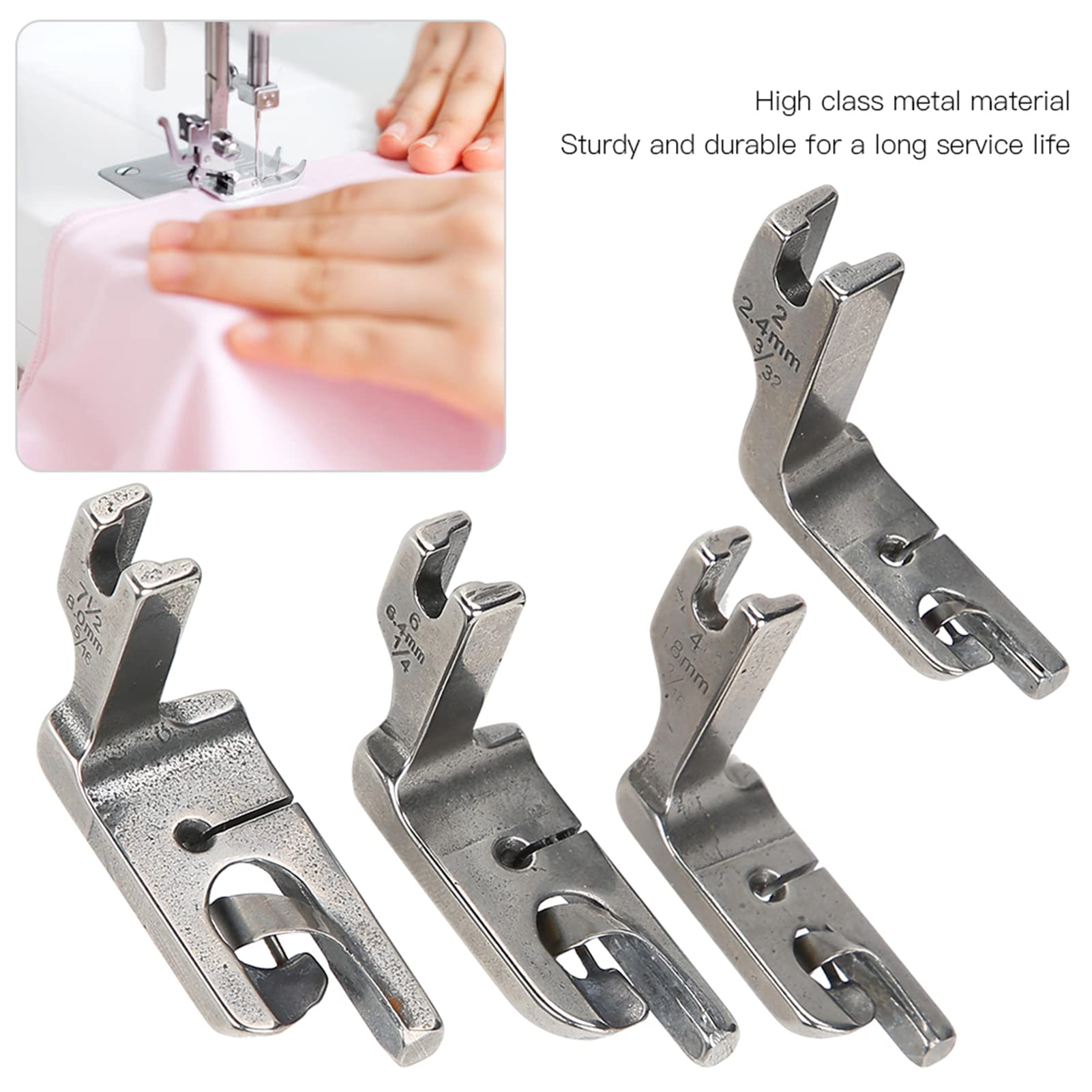 Lot de 4 Pieds-de-biche à Ourlet Roulé en Acier Inoxydable, Accessoires pour Machine à Coudre Industrielle