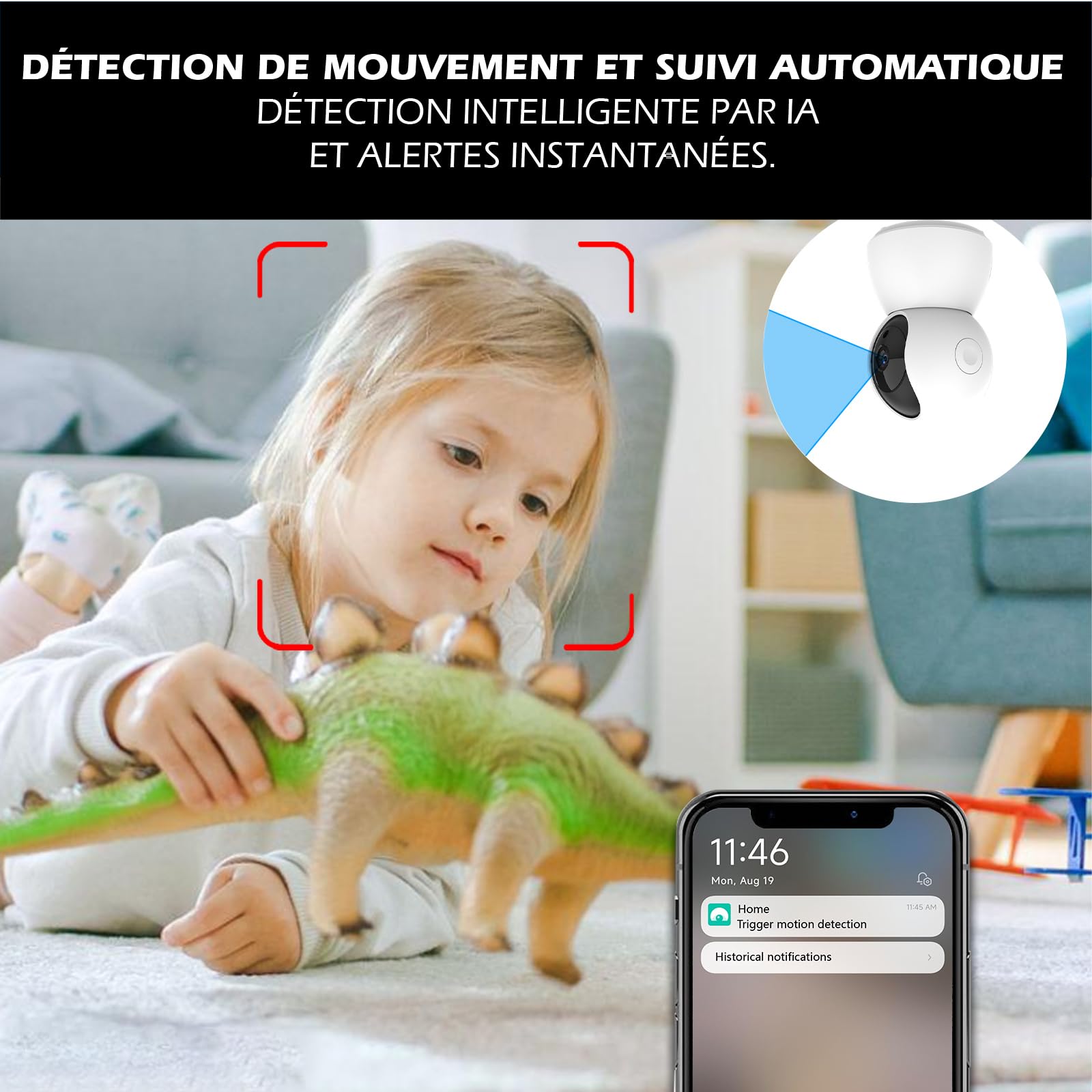 KYF Caméra IP Intérieure, 4MP Ultra HD, Sirène 90dB, Rotation Motorisée 355°/110°, Wi-FI Double Bande, Vision Nocturne, Audio Bidirectionnel, Détection de Mouvement, KYF-CAM-027