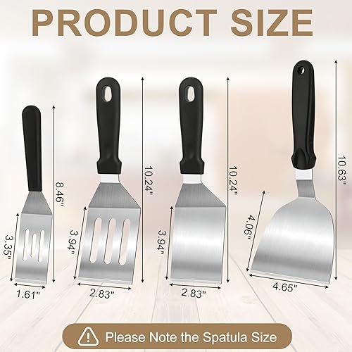 Miniatura 7 de Paquete de 4 espátulas de acero inoxidable para sartén de hierro fundido, mango resistente al calor, juego de espátulas y espátulas para plancha,