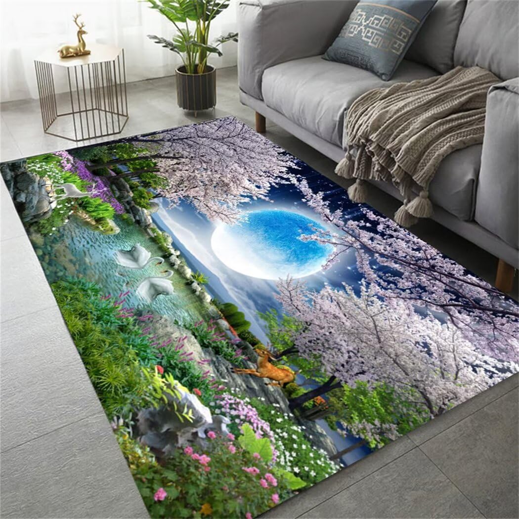 Tapis de chambre adulte vert au motif de forêt 80x150