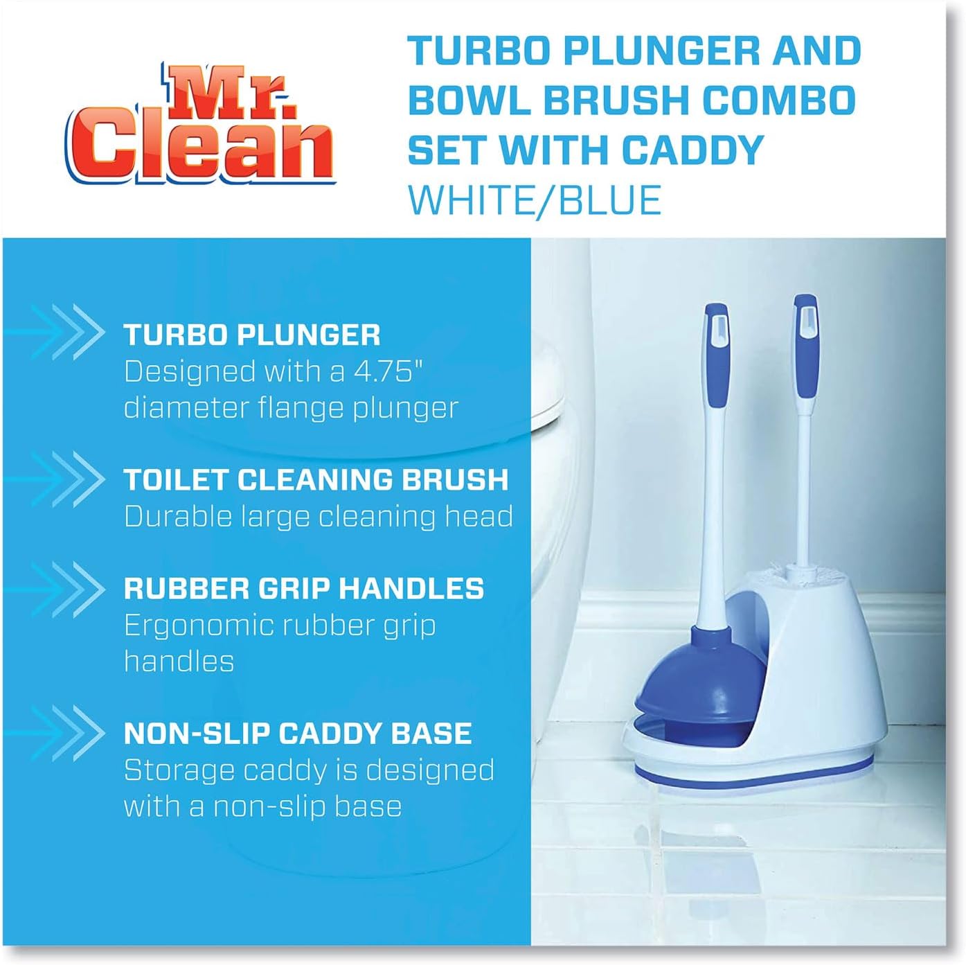 Mr. Clean 440436 Turbo Plunger & Bowl Brush Set 12 1/2-Inch Handle w/ 6-Inch Dia Bowl White (BUT440436)