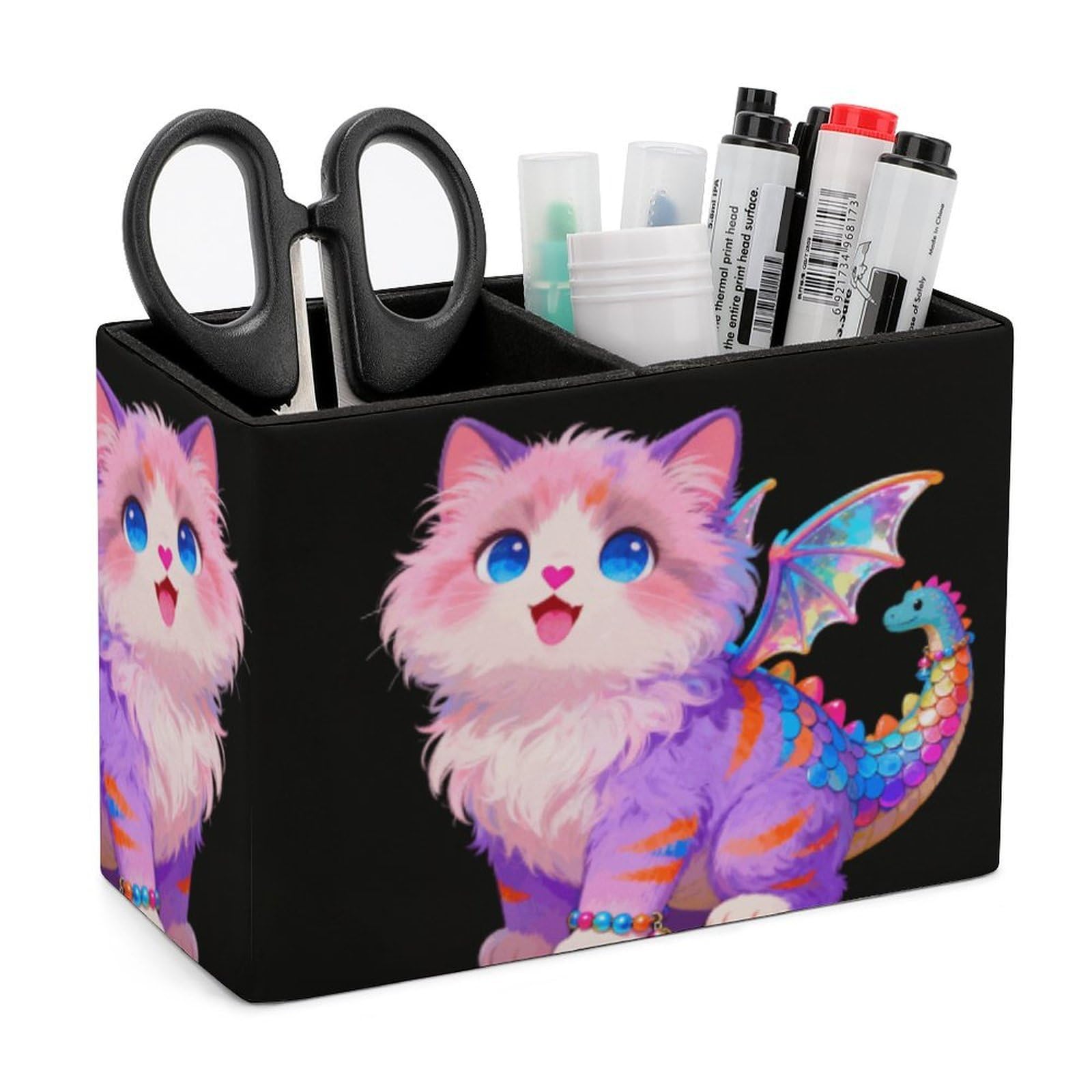 LZQPOEAS Exquisite Patterns PU Leather Pen Holder, Multifunctional Desktop Organizer Caddy with 2 Compartments, Dragon Cat Pencil Cup Makeup Brush Holder for Office Home