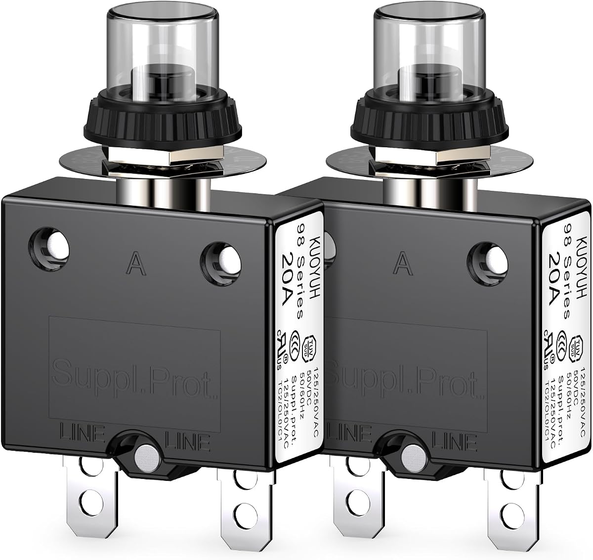 Thermal Circuit Breaker, DIYhz 20 Amp Push Button Manual Reset Circuit Breaker 32V DC 125/250VAC 50/60Hz with Quick Connect Terminals and Waterproof Button Transparent Cap 2Pcs