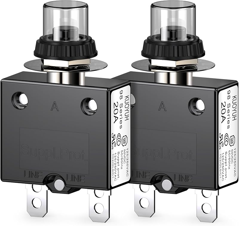 Thermal Circuit Breaker, DIYhz 20 Amp Push Button Manual Reset Circuit Breaker 32V DC 125/250VAC 50/60Hz with Quick Connect Terminals and Waterproof Button Transparent Cap 2Pcs