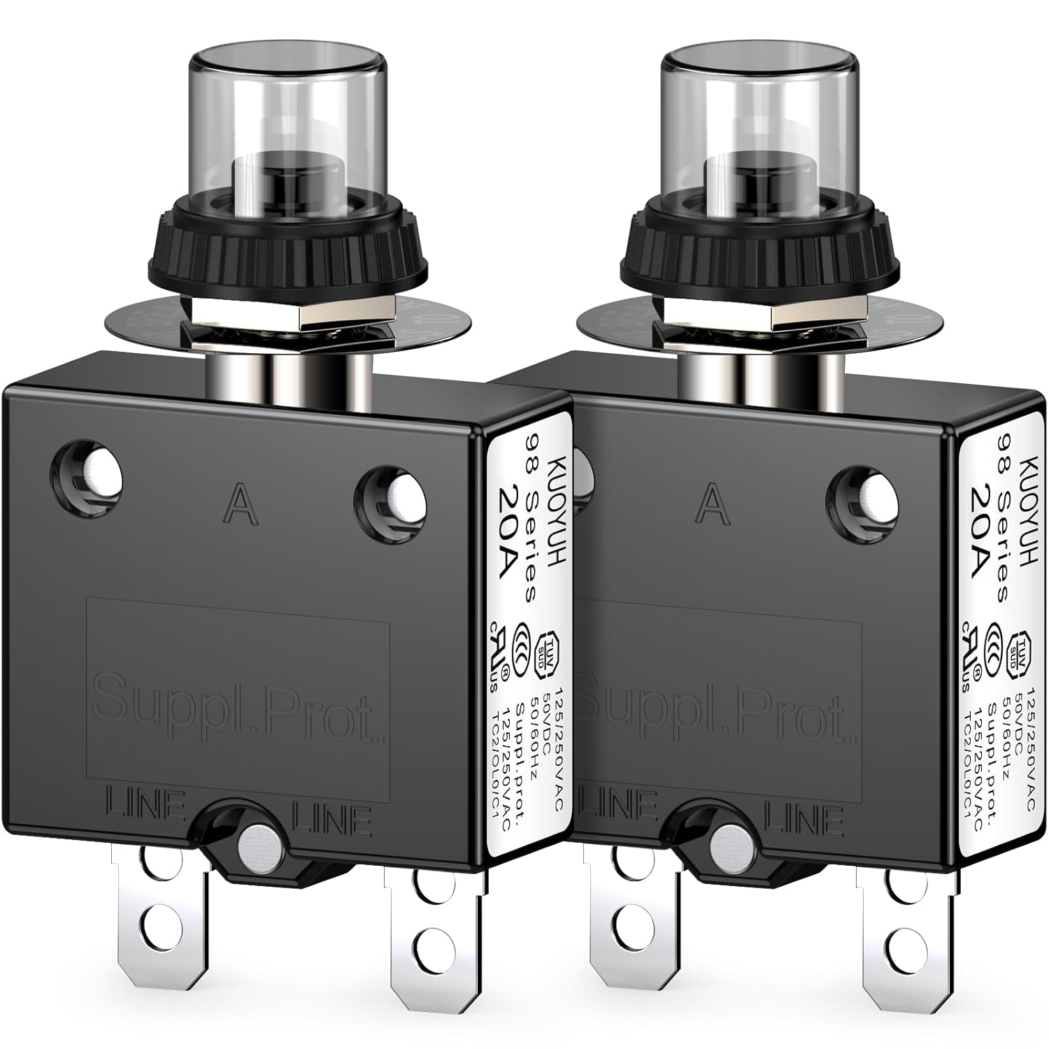 Thermal Circuit Breaker, DIYhz 15 Amp Push Button Manual Reset Circuit Breaker 32V DC 125/250VAC 50/60Hz with Quick Connect Terminals and Waterproof Button Transparent Cap 2Pcs