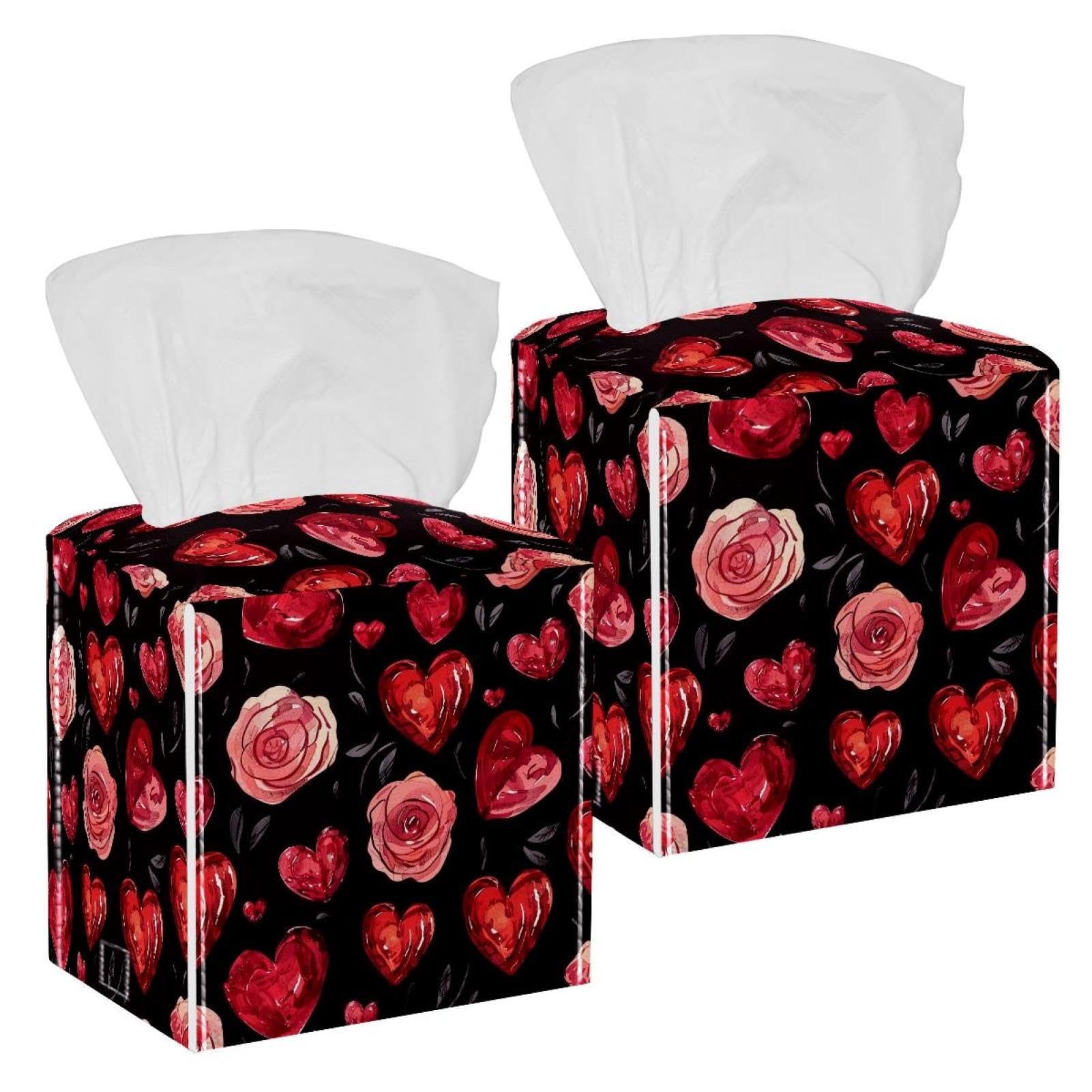Rose Heart Tissue Box Cover, 2 Pack PU Leather Square Facial Tissue Dispenser Box holder for Home Office Car