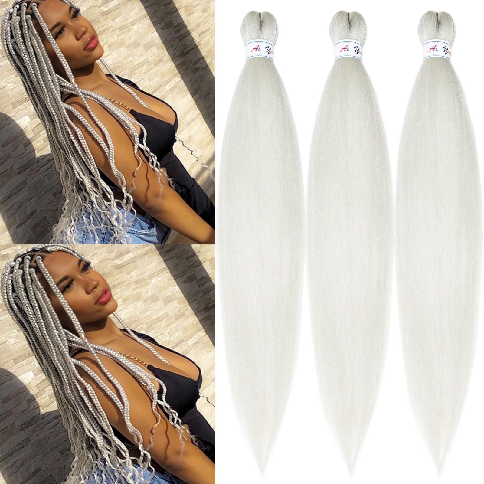 Silver Grey Braiding Hair Pre Stretched Hypoallergenic Gray Braiding Hair Extensions for Braiding Box Braids Micro Long Jumbo Knotless Kids Crochet