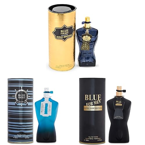 Paquete de 3 perfumes de colonia azul para hombre, serie Eau de Parfume en espray con aroma floral amaderado y afrutado, set de regalo de perfume de