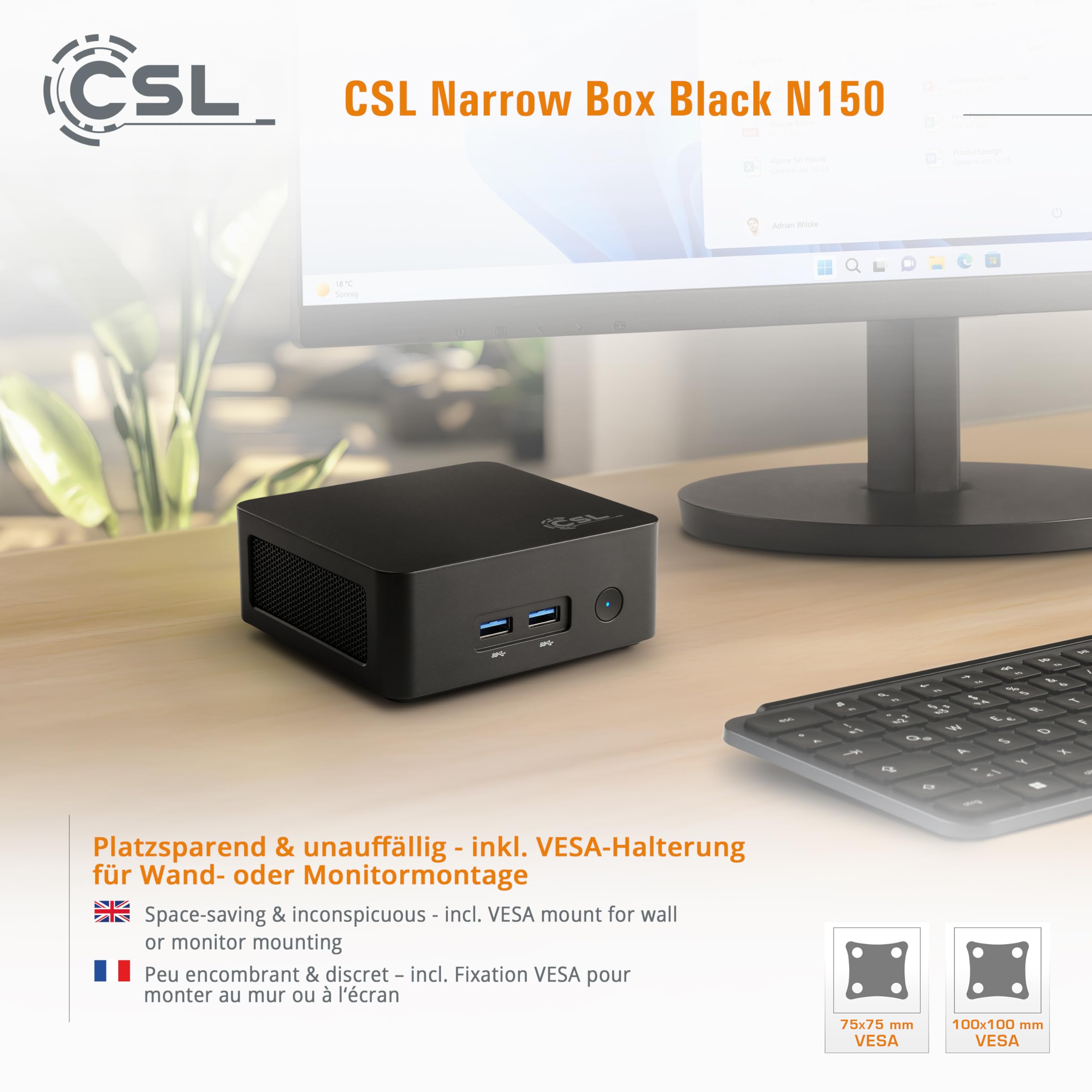 Mini PC CSL Narrow Box Black Windows 11 Home, Intel N150 4X 3600 MHz Turbotakt, 500 GB M.2 SSD, 16 GB DDR4-RAM, Intel UHD Grafik, HDMI 2, USB 3.2, BT 5.2, AX WLAN