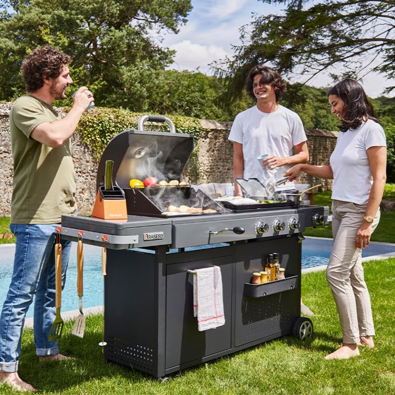BRASERO BY FAVEX – Bi‑Energy Gun Metal – Plancha gaz & barbecue charbon avec brûleur latéral – 12,95 kW – Plaque fonte émaillée 60 x 42 cm – Grille fonte – Jusqu'à 14 convives – Certifié LONGTIME