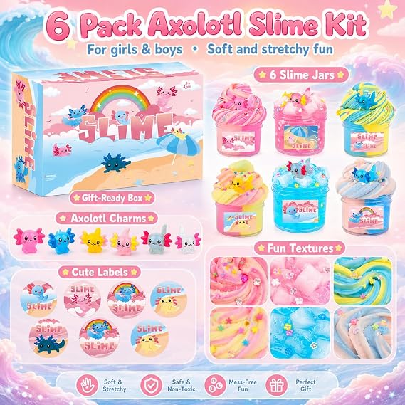 6 Pack Axolotl Slime Kit, Cloud, Butter & Clear Slime Party favors for kids with Axolotl Charms, Soft and Stretchy, Slime for Girls & Boys, Classroom Rewards, Birthday Gifts