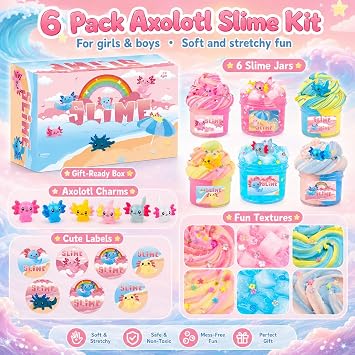 6 Pack Axolotl Slime Kit, Cloud, Butter & Clear Slime Party favors for kids with Axolotl Charms, Soft and Stretchy, Slime for Girls & Boys, Classroom Rewards, Birthday Gifts