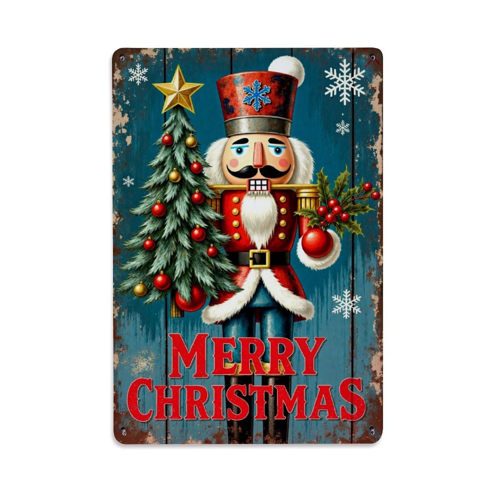 Nutcracker Christmas Tree Snowflake Star Vintage Tin Sign Retro Metal Wall Decor Metal Poster, Home Bar Garage Farmhouse Cafe Wall Art Decoration 8x12Inches