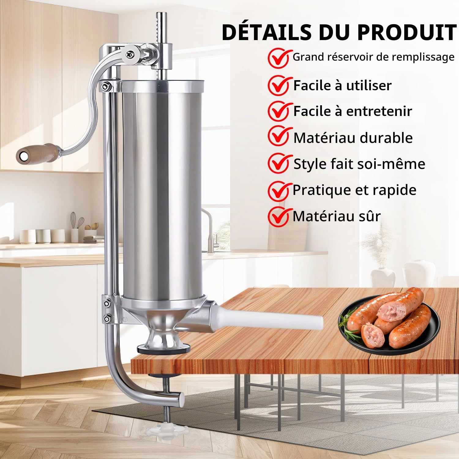 3LBS Poussoir a Saucisse, Acier Inoxydable Poussoir Saucisse Manuel, Verticale Poussoir Saucisse avec 4 Tubes de Remplissage pour Saucisses Maison