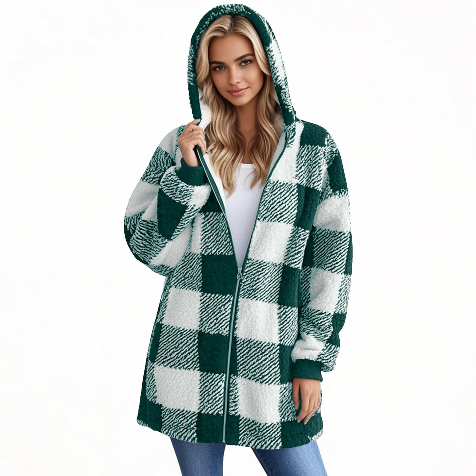 Teddyjacke Damen Mit Kapuze Winterjacke Kariert Plüschjacke Flauschig