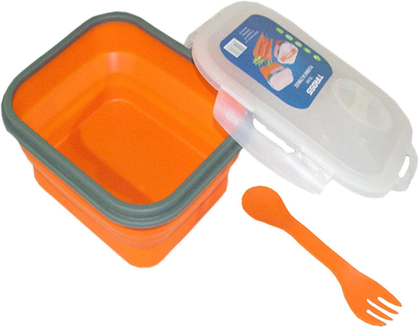 TIROSS LARGE SILICONE FOLDING SANDWICH PACK AWAY LUNCHBOX SCHOOL SNACK BOX + FORK new (Orange)