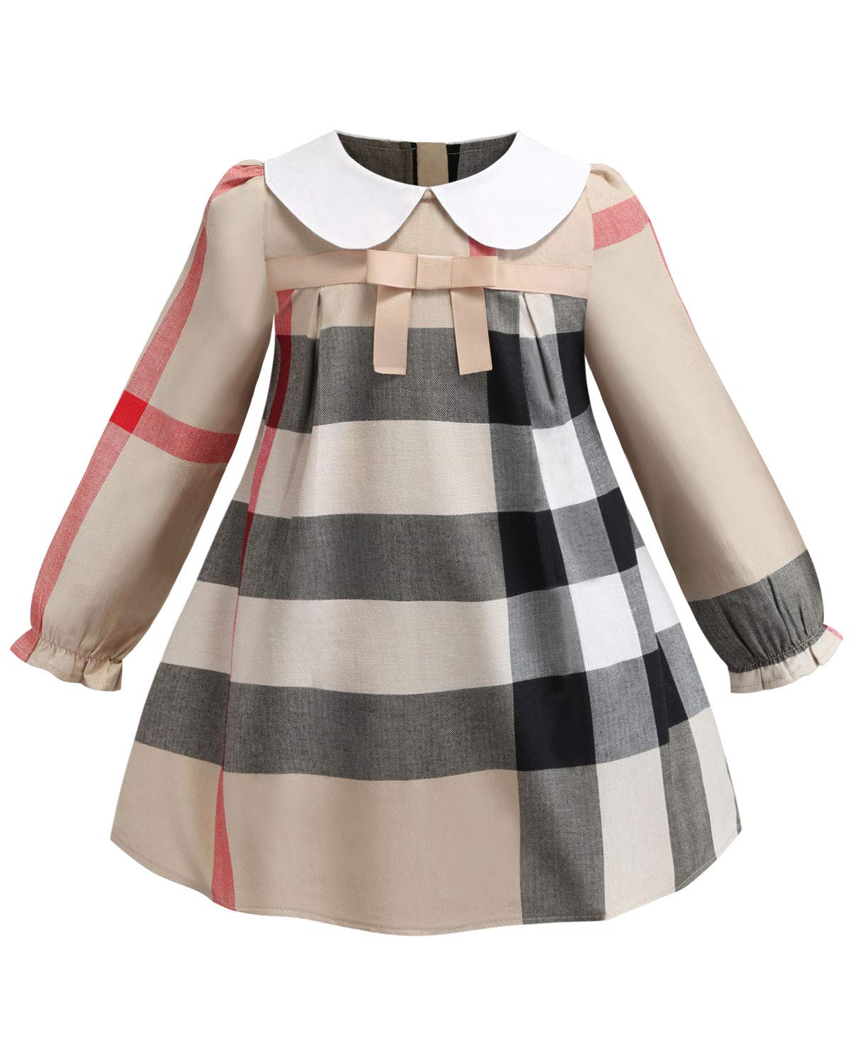 ZANDZ Little Girls Cotton Bow Tie Princess Dress Plaid Casual Summer Dress (3T-4T, Beige-A)