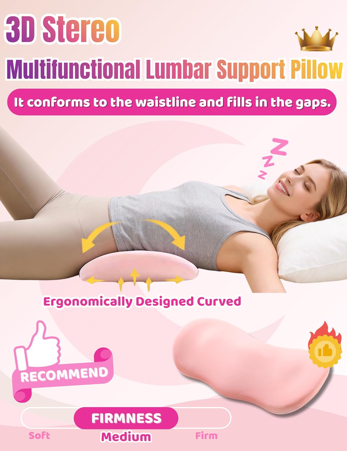 Lumbar Support Pillow for Sleeping Memory Foam Lumbar Pillow for Lower Back Pain Relief, Ergonomic Waist Pillow for Side/Back/Stomach Sleepers with Washable Cover（Gray）