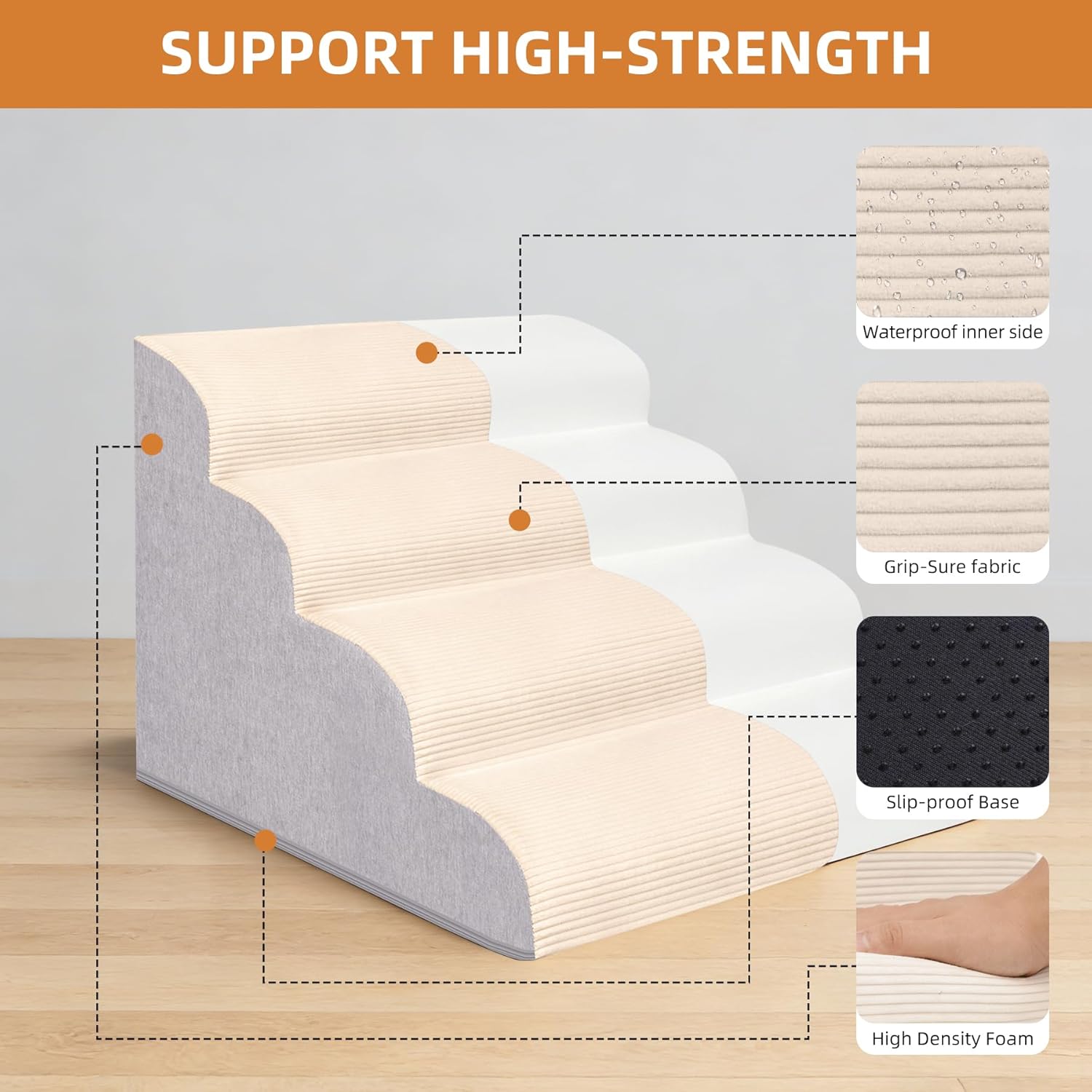 Dog Stairs for Small Dogs and Cats, 19.7" H, 4-Step Curved Pet Ramp for Beds or Couches, Non-Slip Medium Pet Steps with High Density Foam, Beige