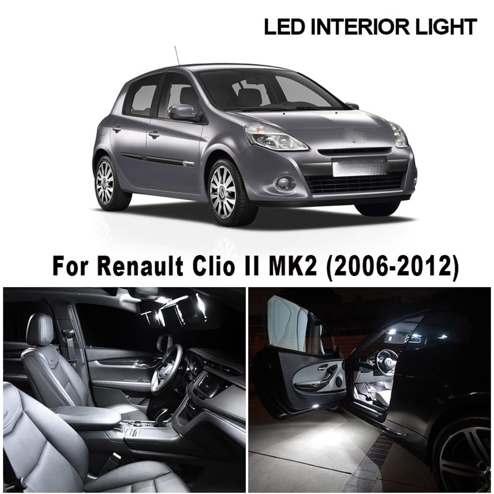 15 pièces Blanc Canbus Aucune Erreur LED Carte intérieure dôme Coffre Toit Ampoules Kit, pour Renault Clio 2 MK2 2006-2012 Lampe de Plaque d'immatriculation