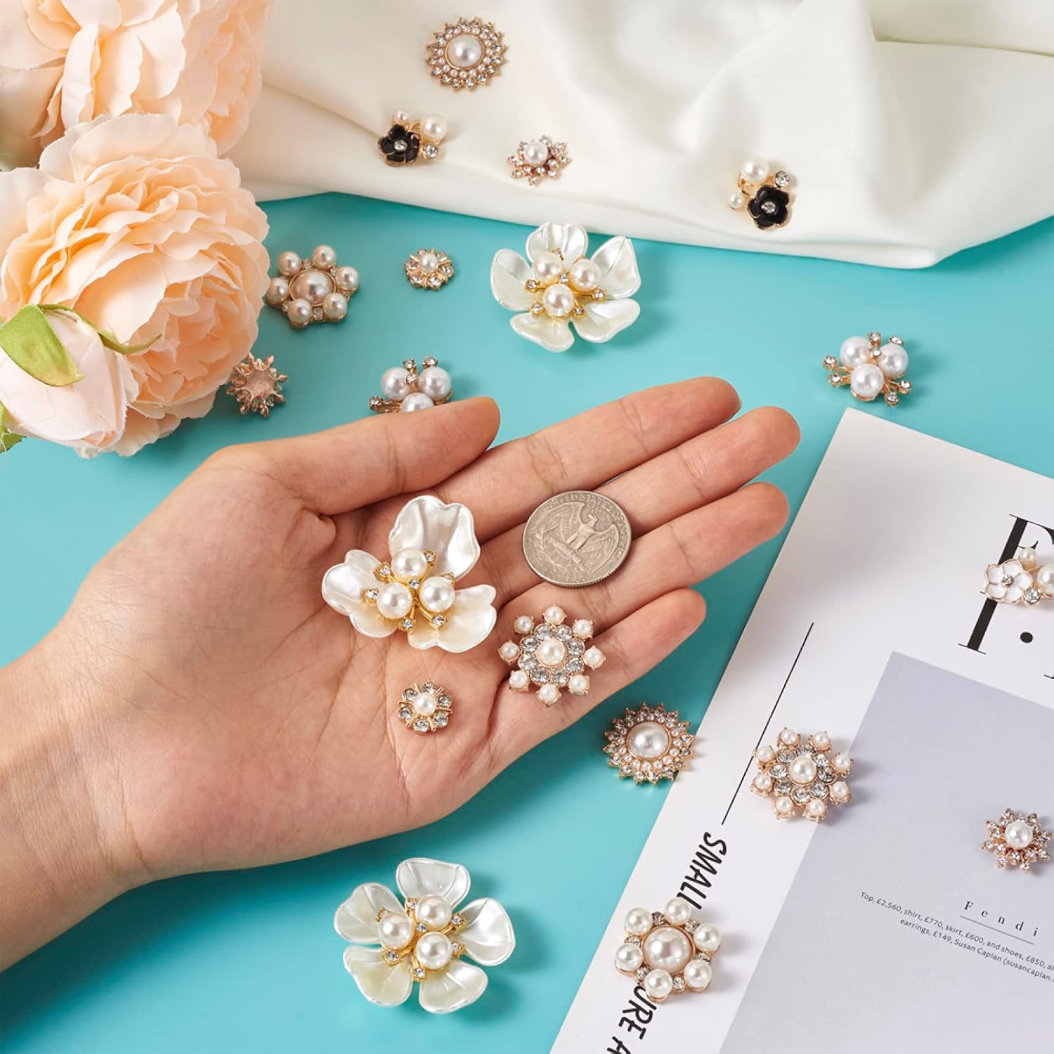 Cheriswelry 40Pcs Rhinestone Pearl Embellishments Flower Cabochons Alloy Flatback Crystal Cabochons 10 Styles 11.5-23.5mm for DIY Hair Clip Brooch Jewelry Making Crafts