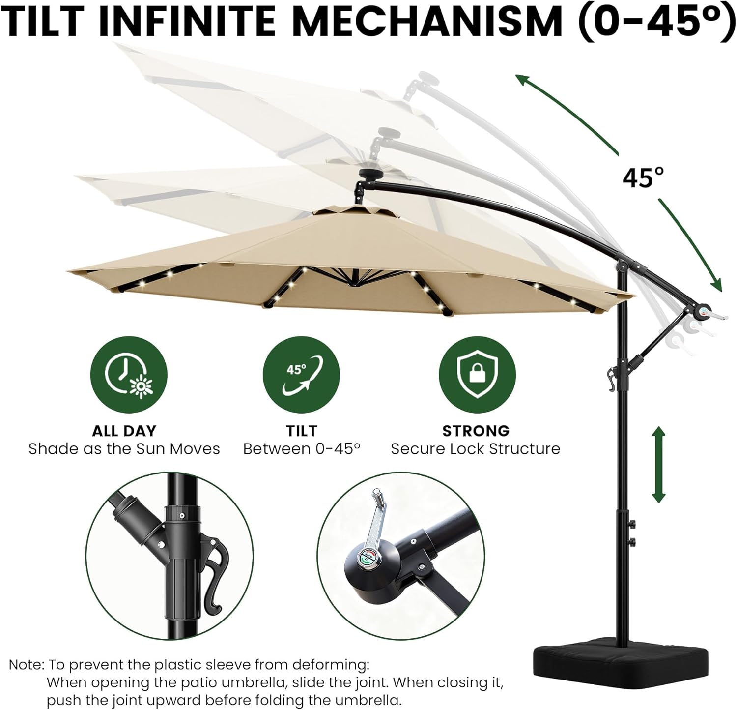 OLILAWN 10ft Solar LED Patio Umbrella with Base, 32 LED Lighted Outdoor Offset Cantilever Umbrella with Sturdy 8 Rids, Infinite Tilt, 360 Degree Rotation, for Pool Deck Porch Backyard Garden, Isabelline