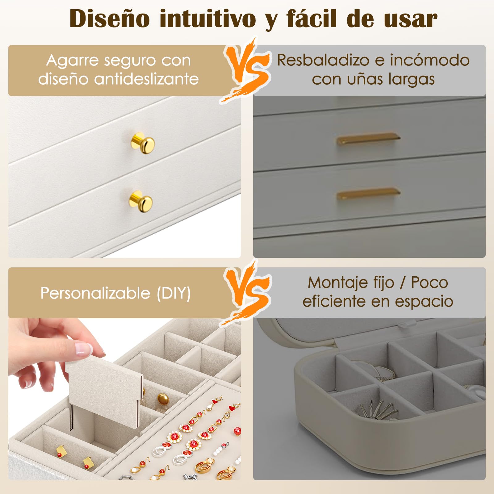 Caja Grande para Joyas 3 Niveles – Organizador Elegante para Anillos, Collares y Pendientes – 24 Compartimentos, Tapa Transparente –para Mujer(Blanco mate)