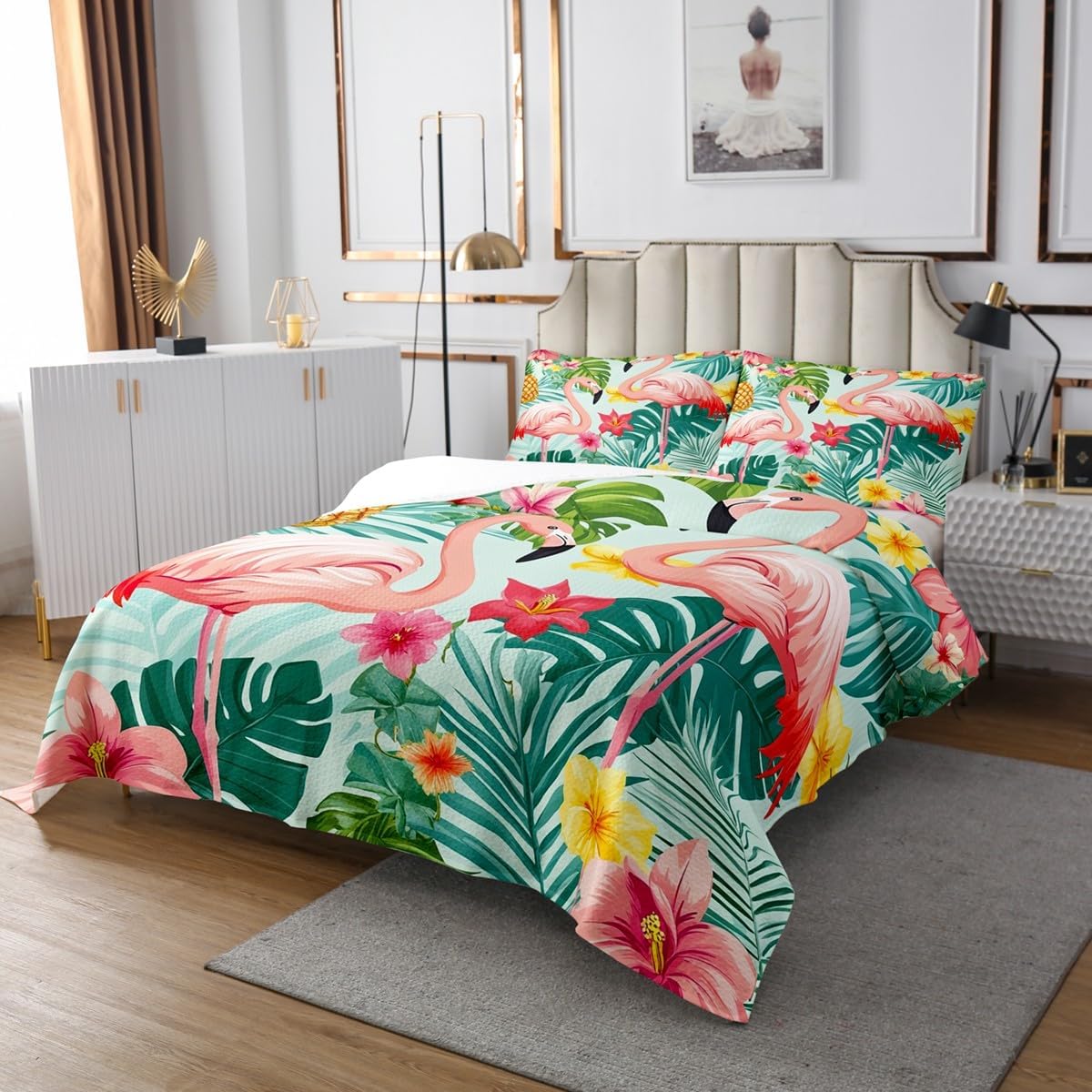 Feelyou Tropical Flamingo Quilted Coverlet King Size, Pink Flamingo Bedspread Palm Tree Print Quilted Coverlet Botanical Quilted 3Pcs