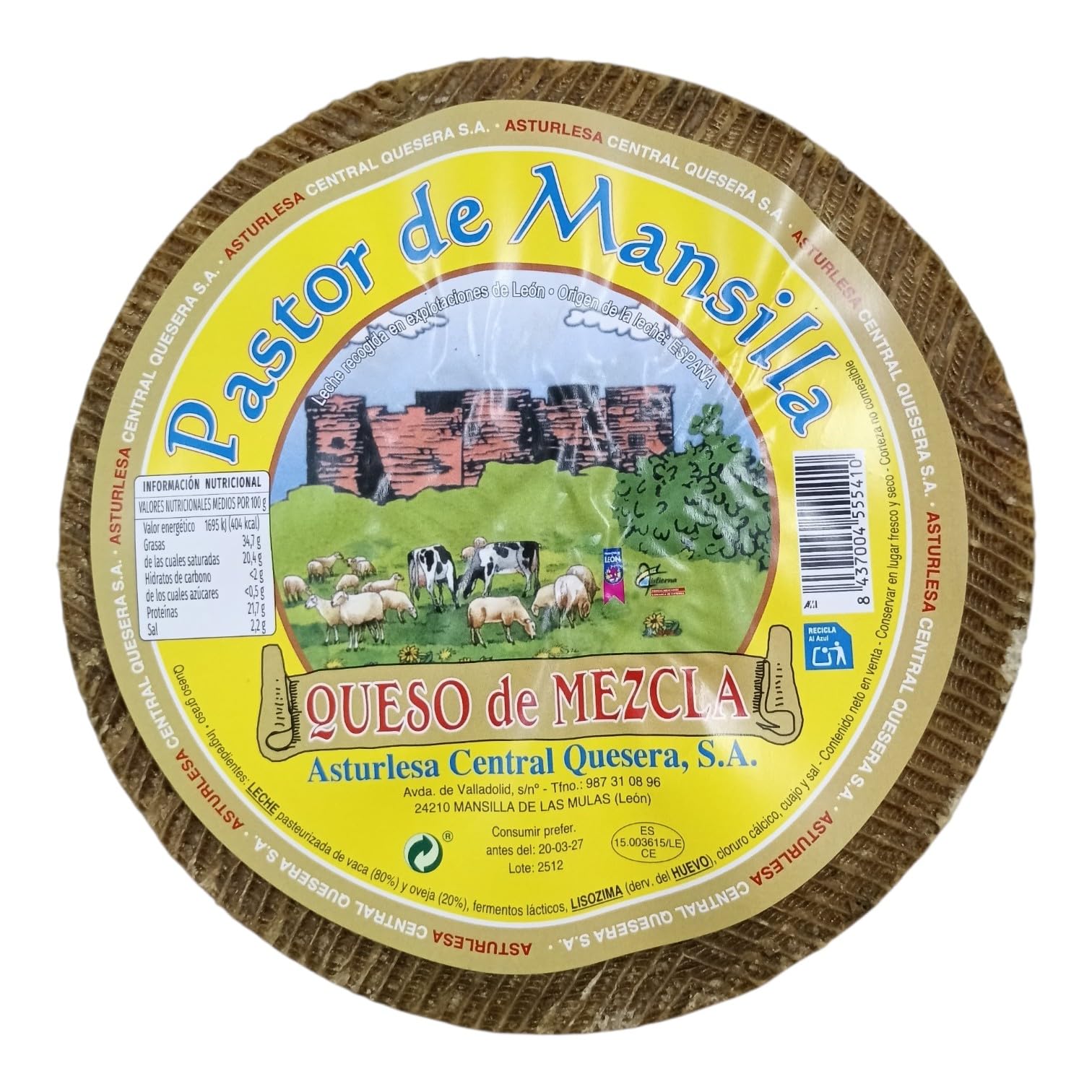 Queso Mezcla Curado Pastor de Mansilla 2,8kg (Aprox.)| Pasta Blanca Amarillenta y Textura Compacta | Sabor Equilibrado y Olor Suave | Ideal Tapas y Hostelería