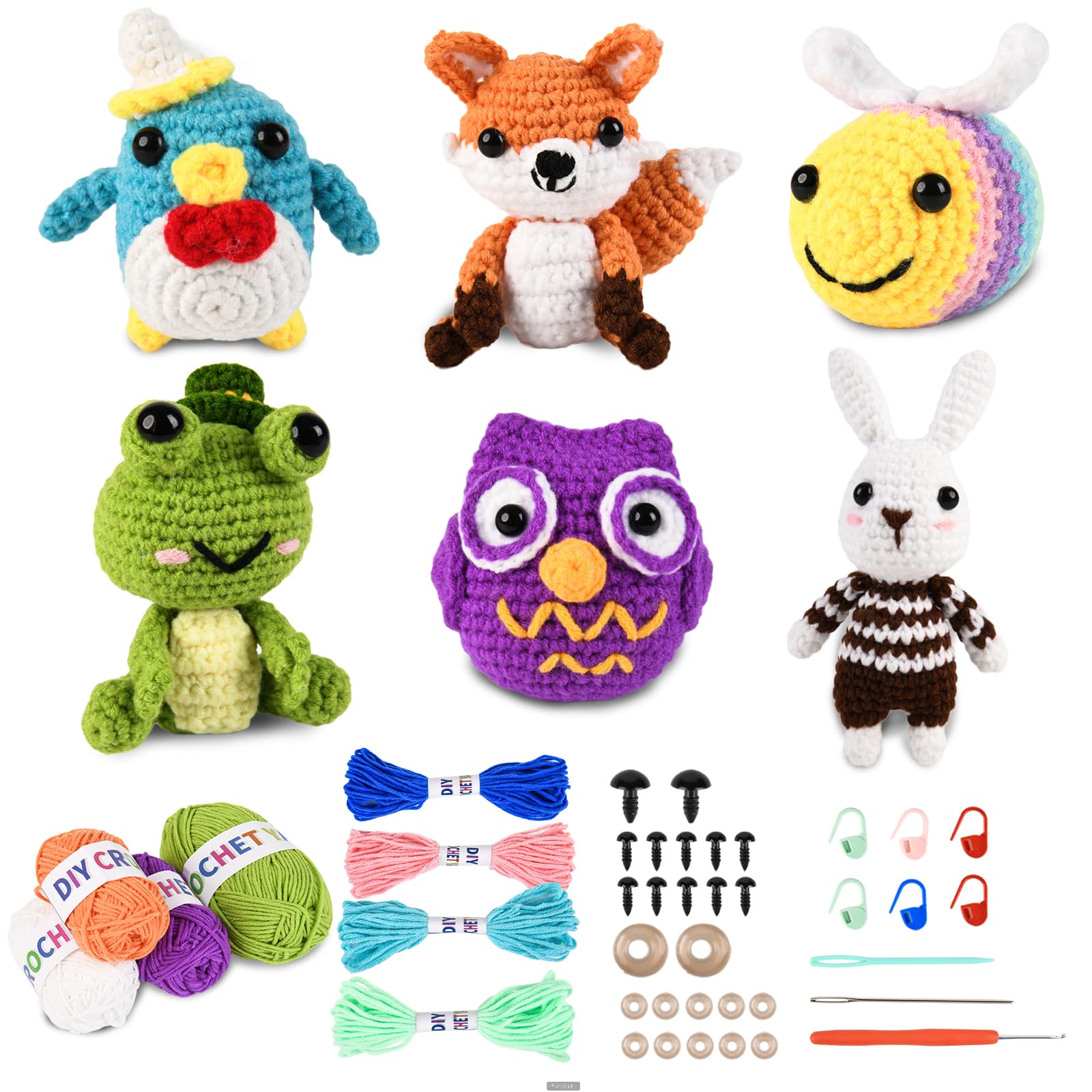 6Pcs Crochet Kit for Beginners, 2025 Upgraded Crochet Animal Kit, All in One Crochet Knitting Kit, Comes with Step-by-Step Video Tutorials(B,Penguin, Fox, Bee, Frog, Owl, Rabbit)