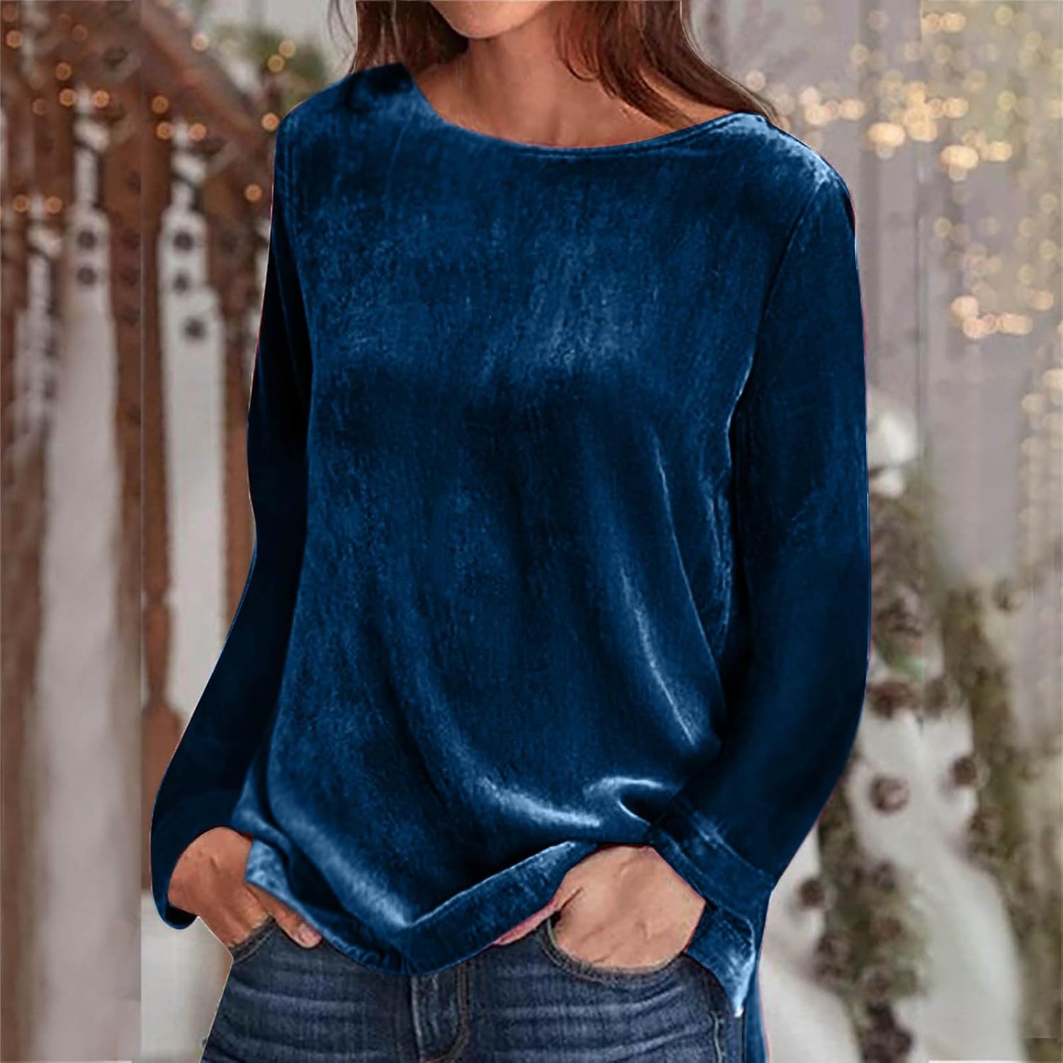 Fronage Women's Boat Neck Velvet Tops Casual Long Sleeve Crewneck Velour Blouse Shirt - Image 2