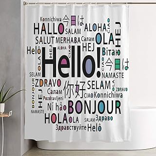 Shower Curtain with Hooks in Hello Different Languages Print Translate Design Words Worldwide Signs Class Symbols Education Waterproof Decorative Bathroom Cloth Fabric Set 60" x 72"