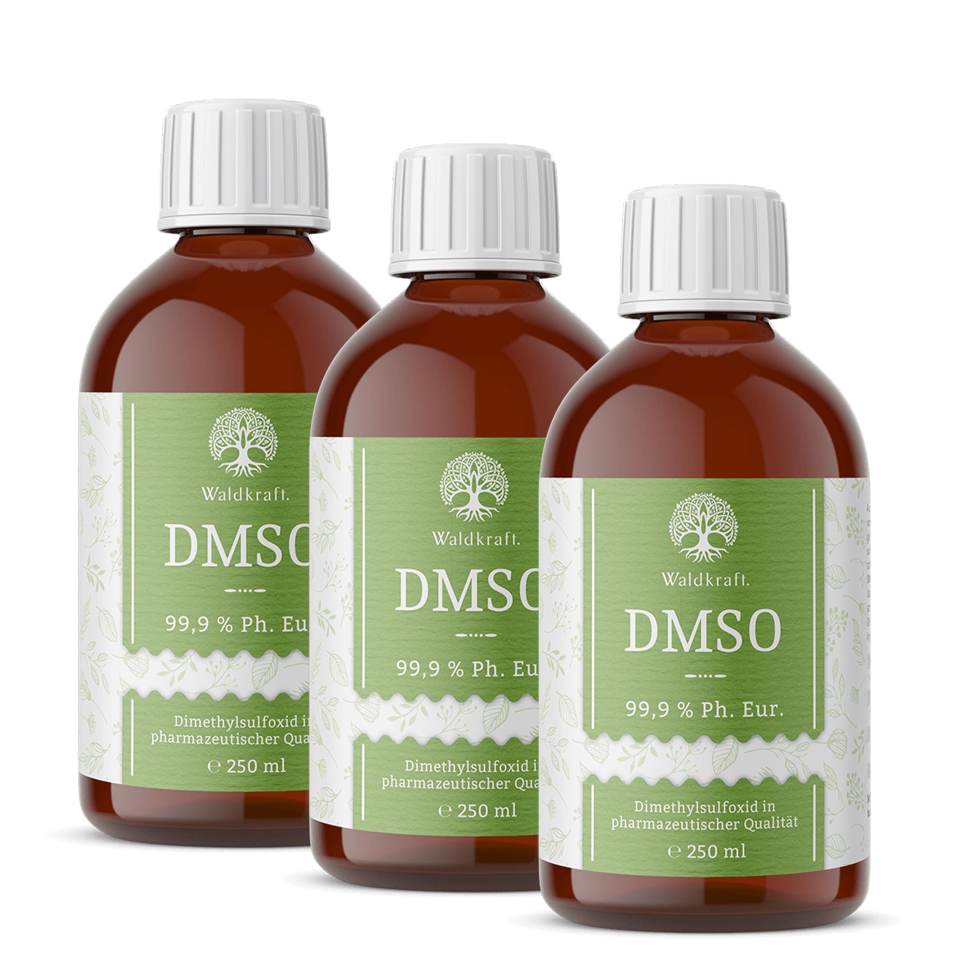 Waldkraft DMSO – 99,9 % Dimethylsulfoxid Ph. Eur. im 3er Set | Reines organisches Lösungsmittel | Entwickelt mit Therapeuten | 250 ml nachhaltig im Braunglas mit teflonbeschichtetem Deckel