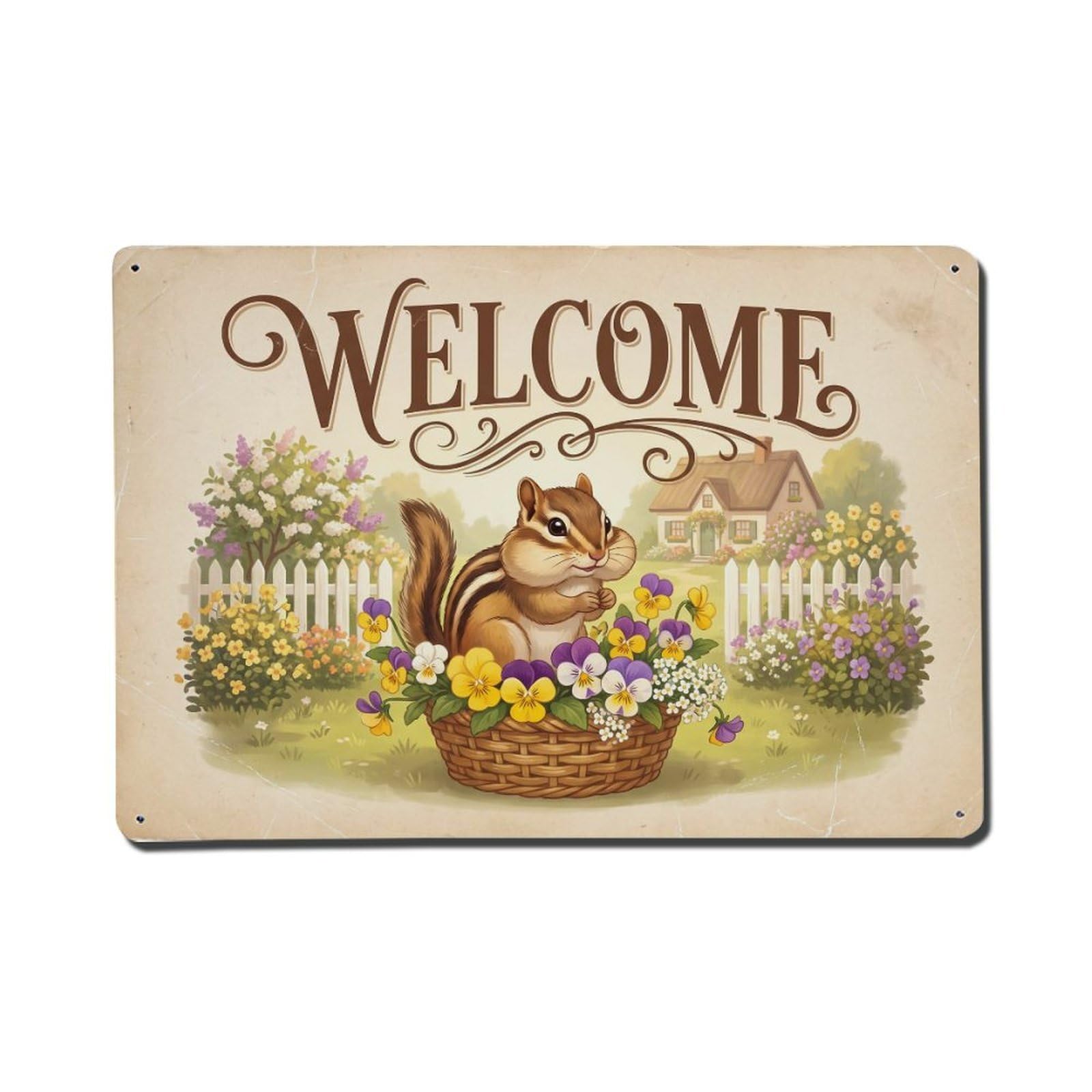 Vintage Welcome Chipmunk Flower Basket Metal Tin Sign