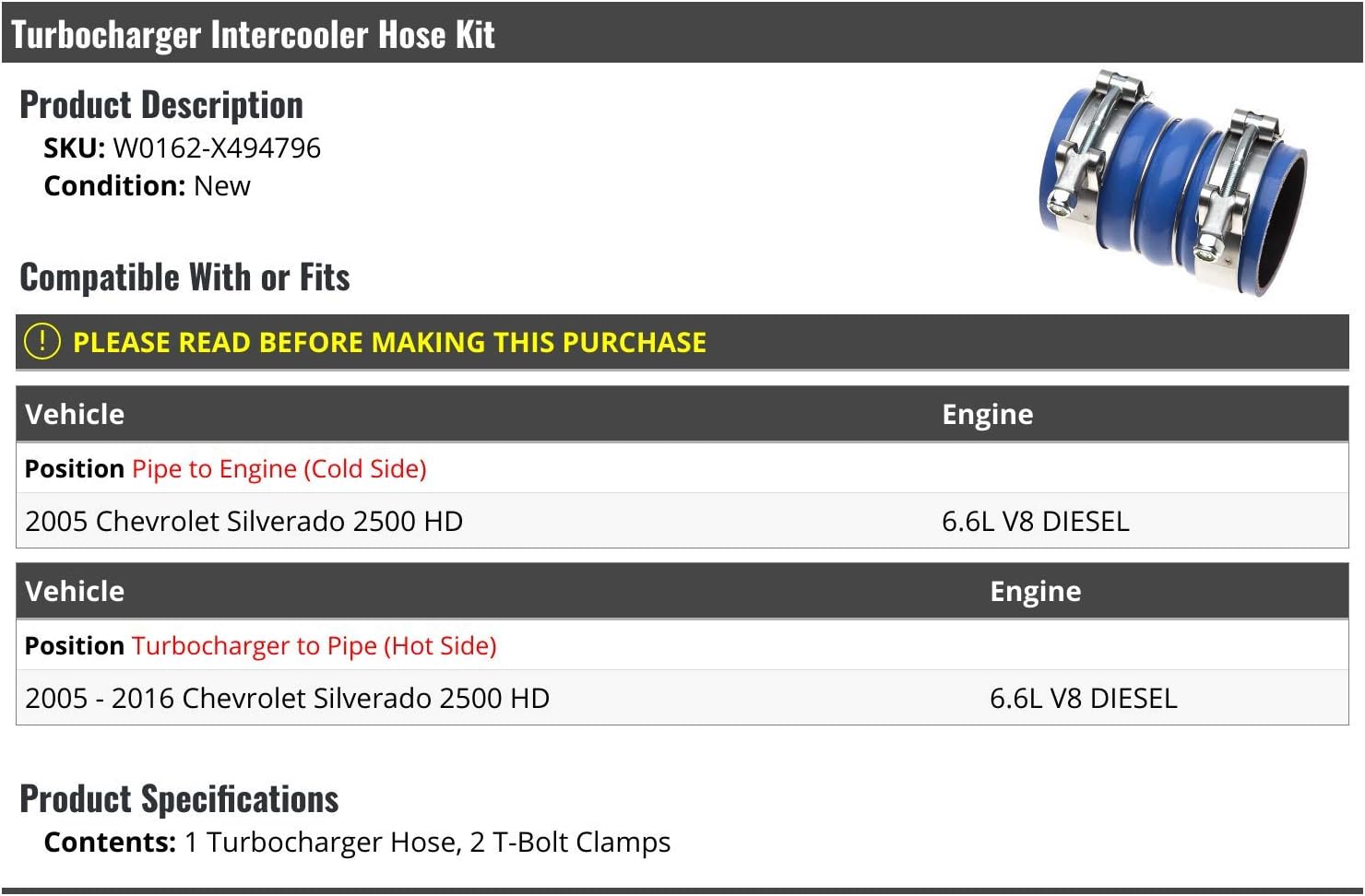 Marketplace Auto Parts Turbocharger Intercooler Hose Kit - Compatible with 2005-2016 Chevy Silverado 2500 HD 6.6L V8 Diesel