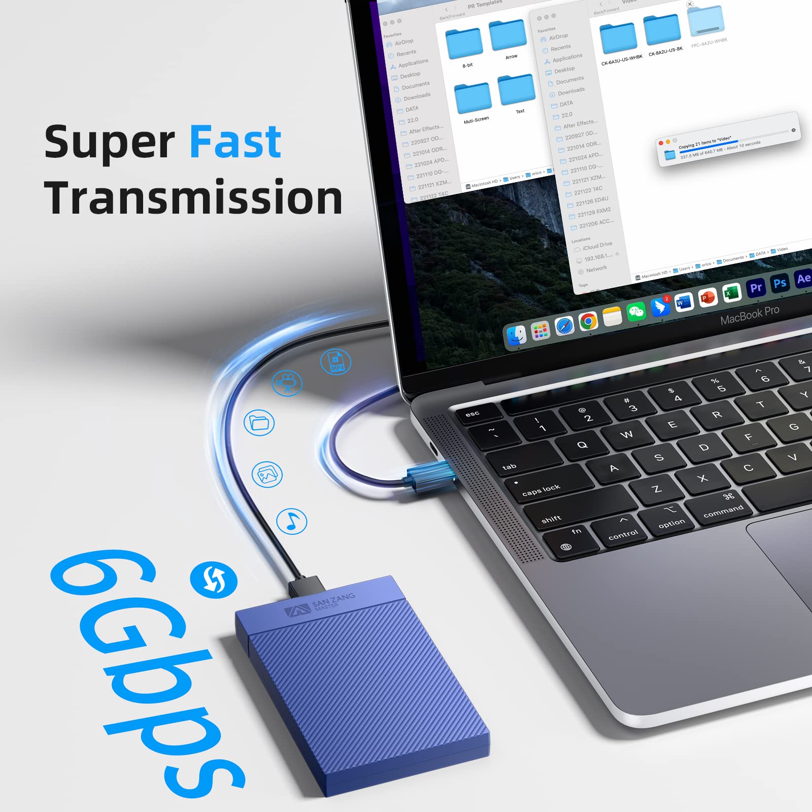 Enclosure per disco rigido da 2,5 pollici - alloggiamento per disco rigido USB 3.0 senza attrezzi, supporta UASP e Trim, per SSD SATA da 2,5" e HDD da 9,5 mm di altezza 7 mm, con cavo USB-C a A, blu