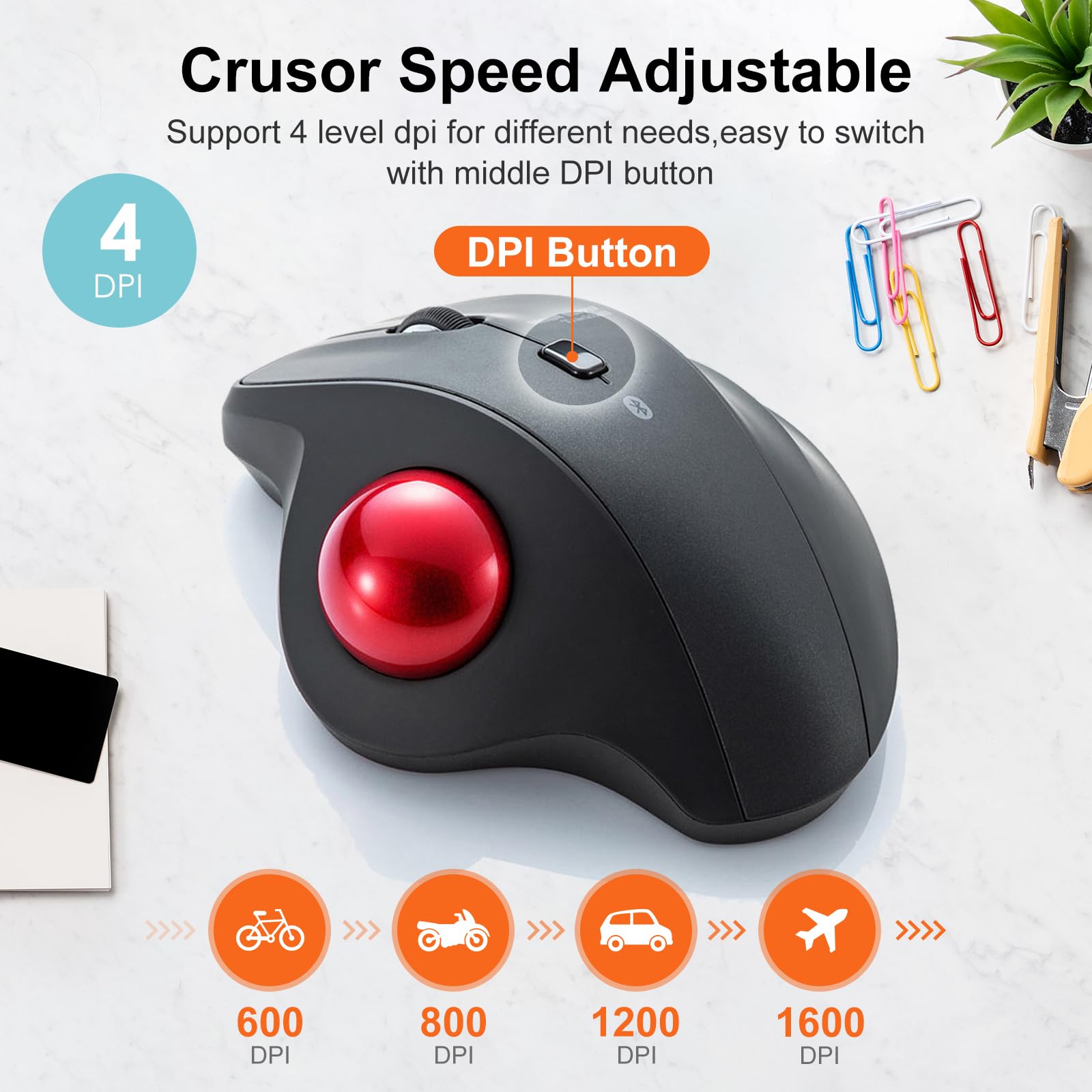 SANWA Mysz Trackball Bluetooth, bezprzewodowa, cicha, kulkowa, programowalna z oprogramowaniem, 600/800/1200/1600 DPI, precyzyjne sterowanie kciukiem, kompatybilna z Win, Mac, laptopem, PC, Red Ball
