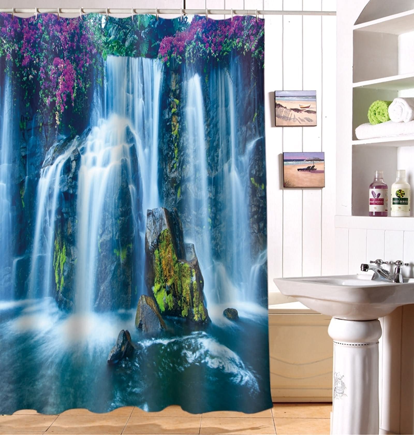 Rideau de douche japonais imperméable 200x180cm lavable motif cascade 3D bleu texturé 120g
